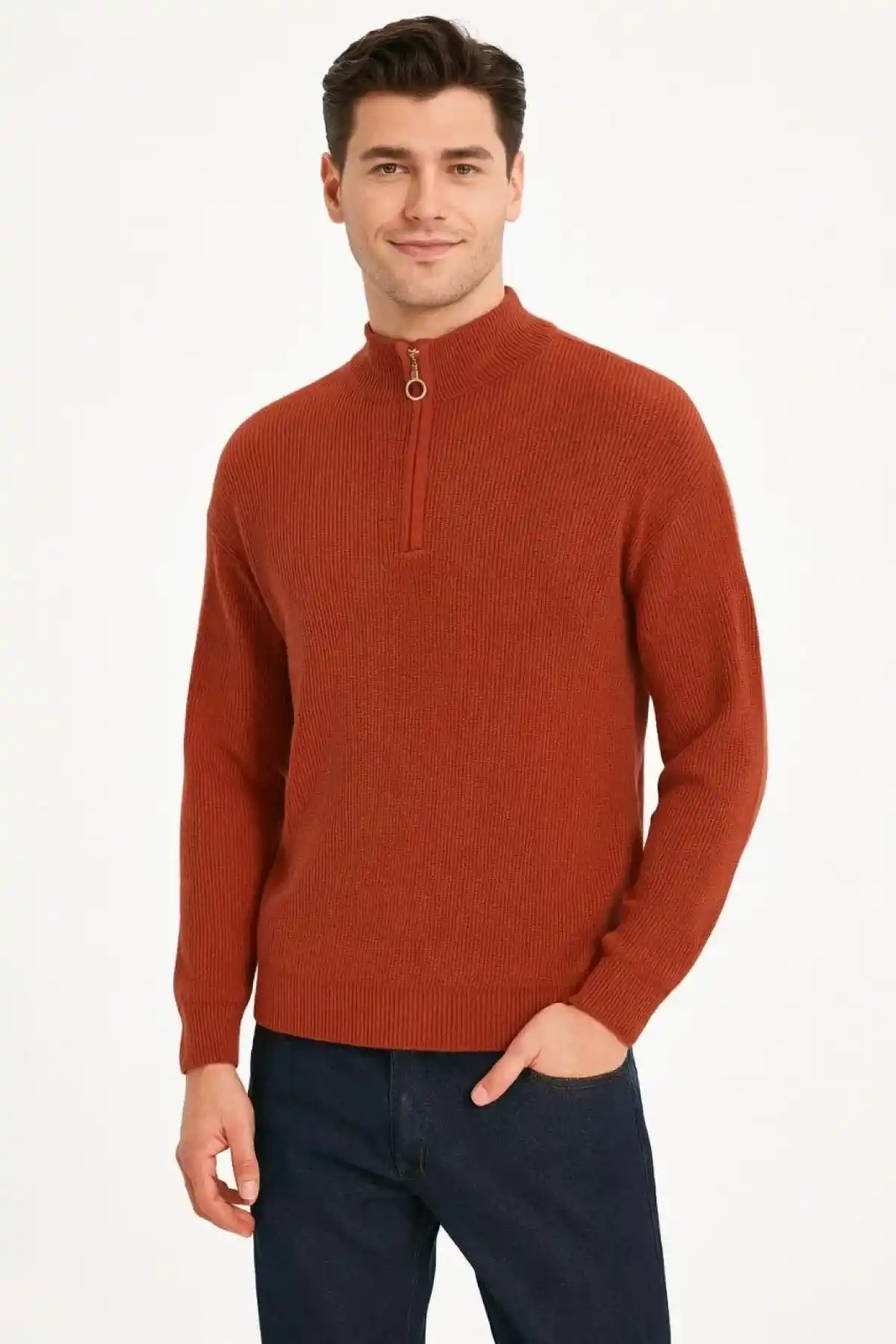 KADIN Yarım Fermuarlı Triko Kazak – Selanik Örgü, Dik Yaka, Pamuklu Dokuma, Oversize Uzun Kollu Kışlık Model - Füme