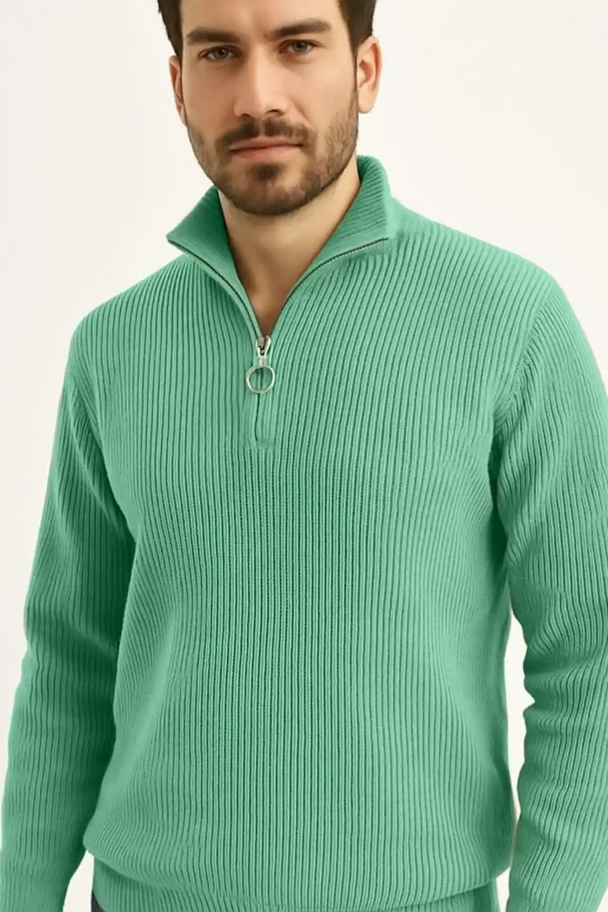 Erkek Yarım Fermuarlı Triko Kazak Selanik Örgü Dik Yaka Pamuklu Dokuma - Mint Yeşili