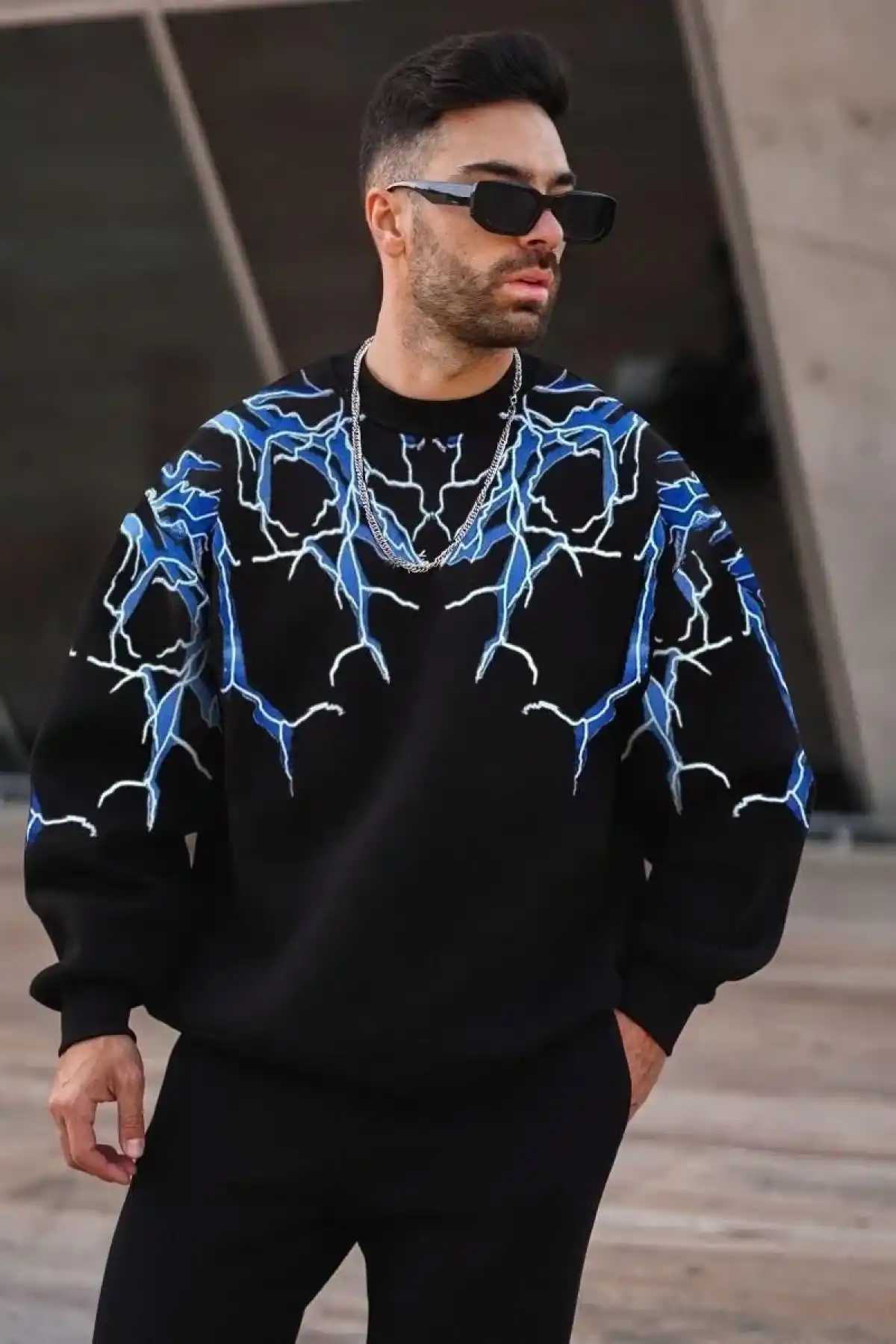 Erkek Yıldırım Bisiklet Yaka Sweat - Siyah