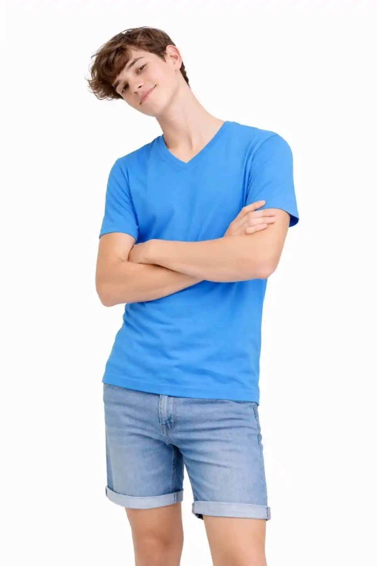 Genç Erkek Çocuk V Yaka Tişört Model - Açık Mavi