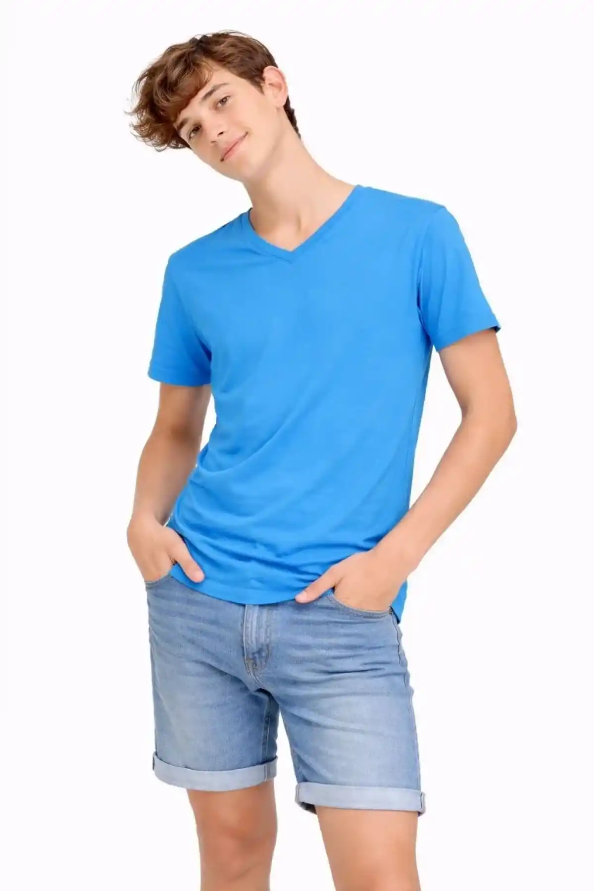 Genç Erkek Çocuk V Yaka Tişört Model - Açık Mavi