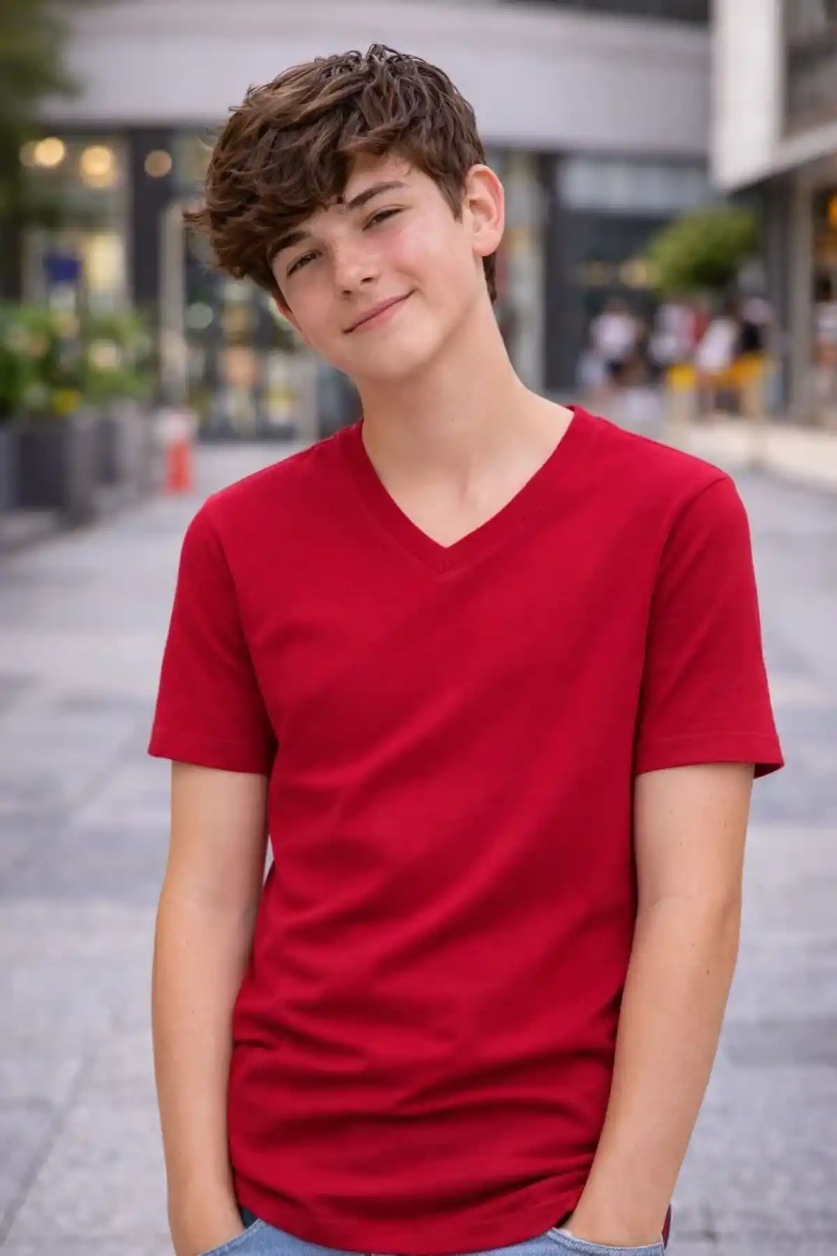Genç Erkek Çocuk V Yaka Tişört Model - Bordo