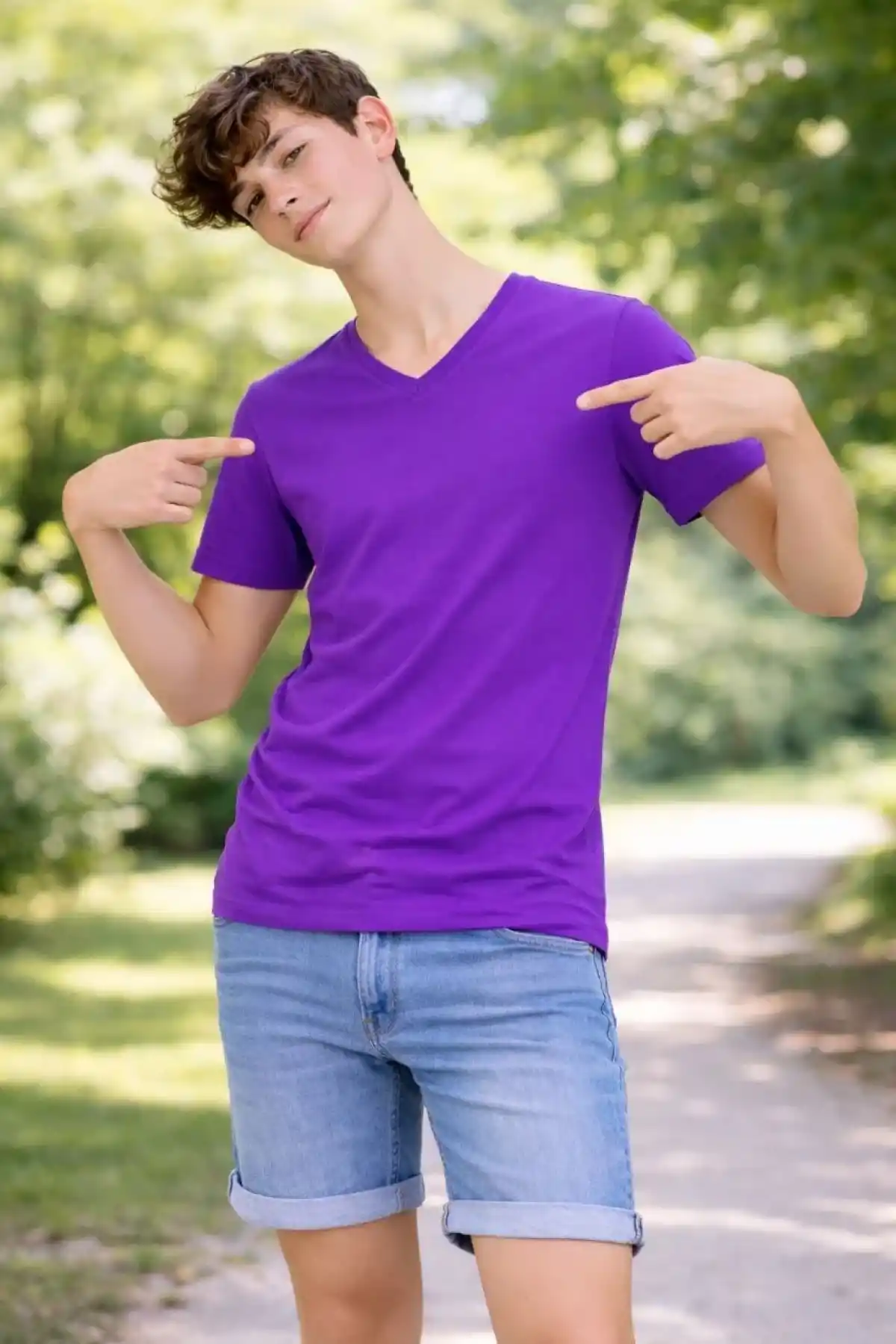 Genç Erkek Çocuk V Yaka Tişört Model - Mor