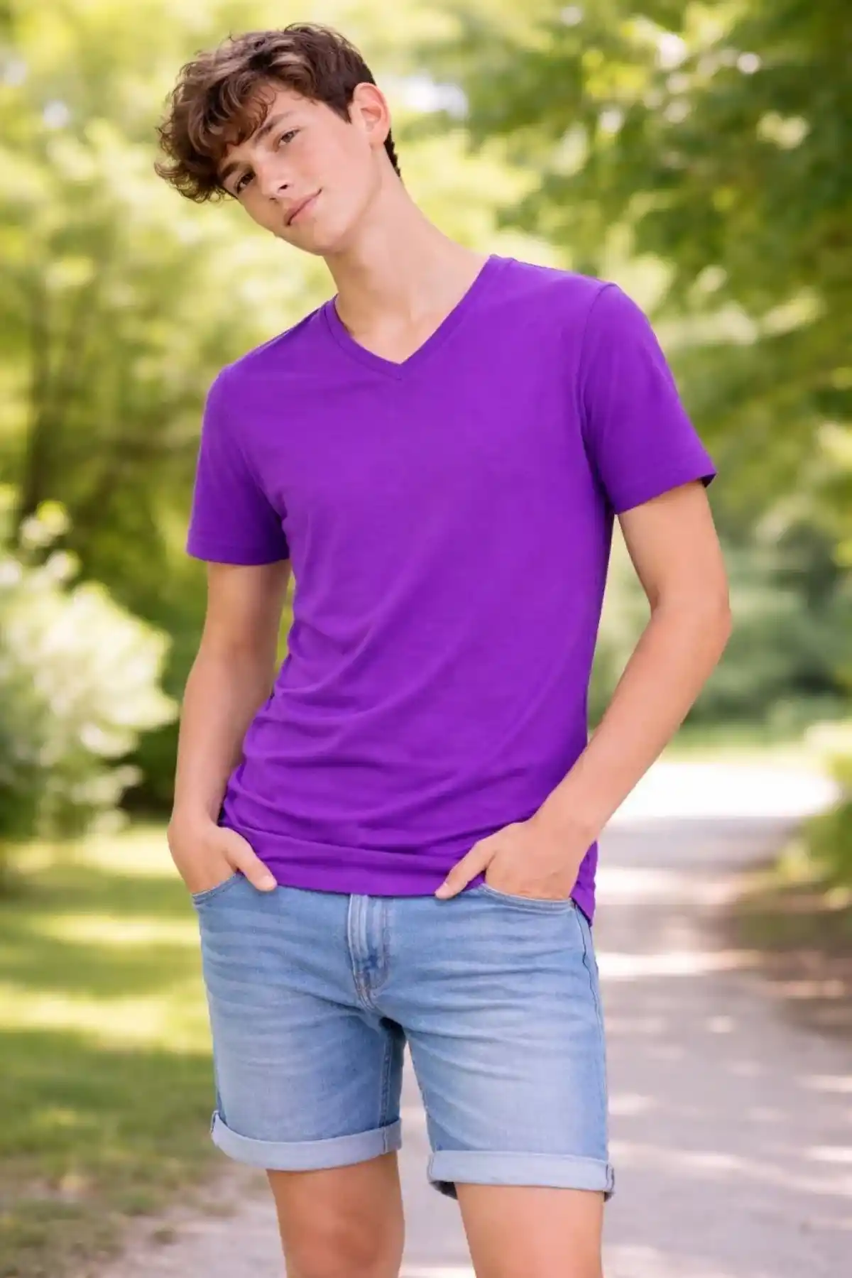 Genç Erkek Çocuk V Yaka Tişört Model - Mor