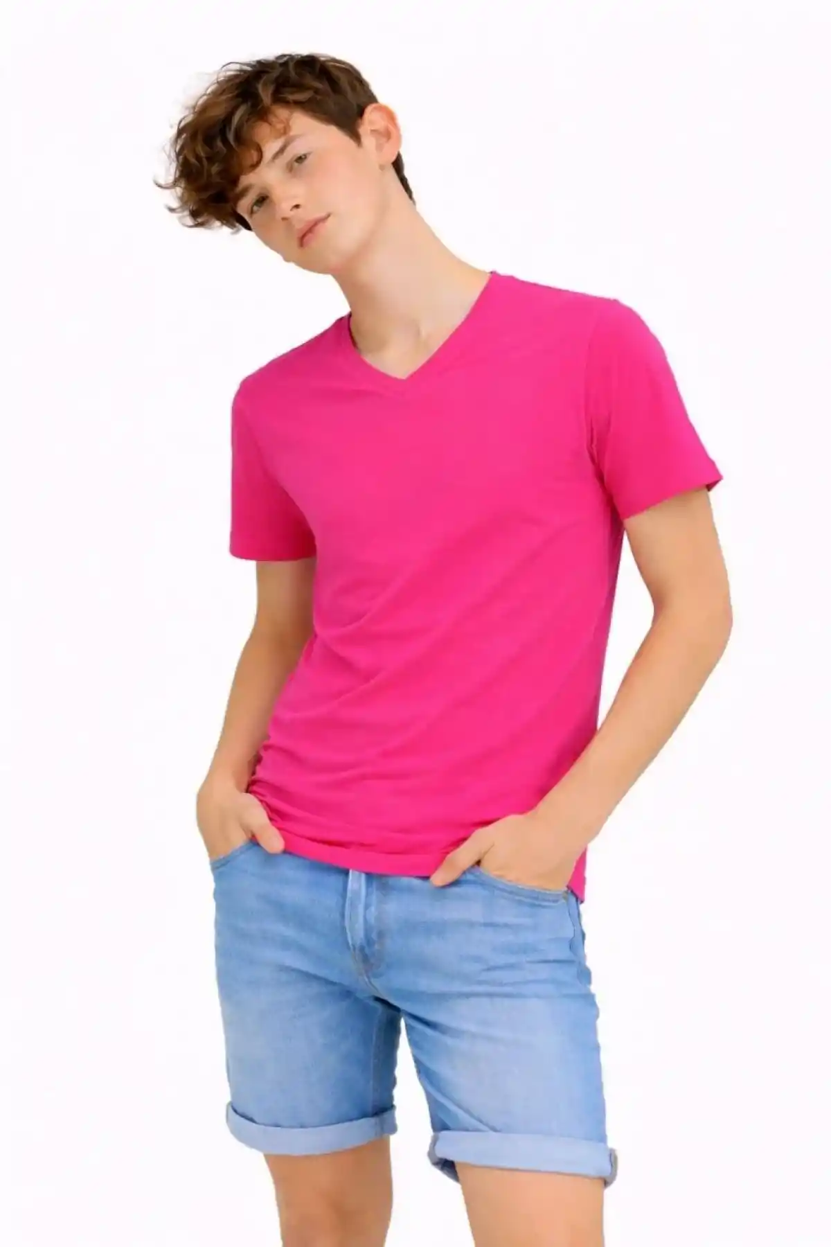 Genç Erkek Çocuk V Yaka Tişört Model - Pembe