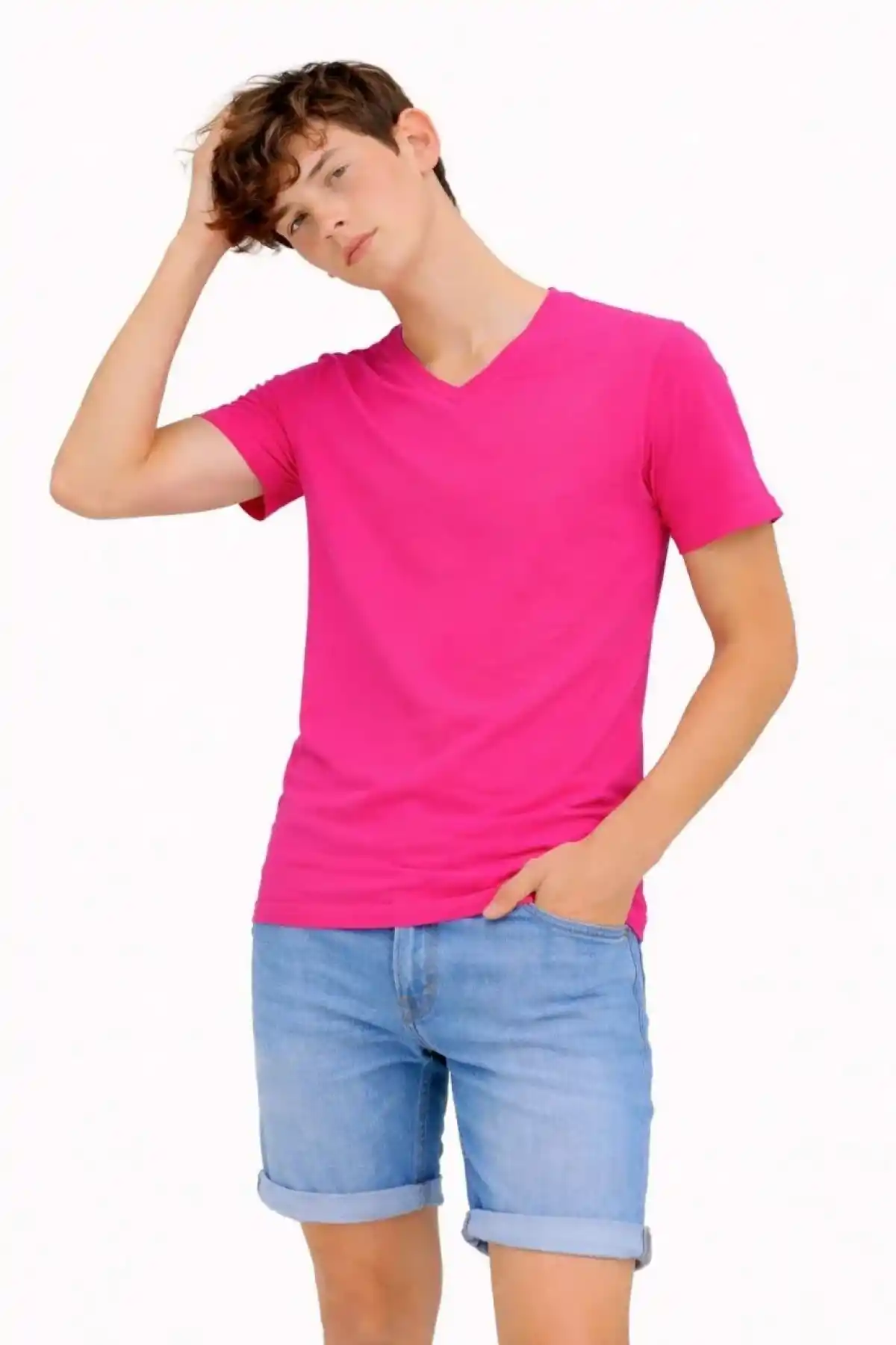 Genç Erkek Çocuk V Yaka Tişört Model - Pembe