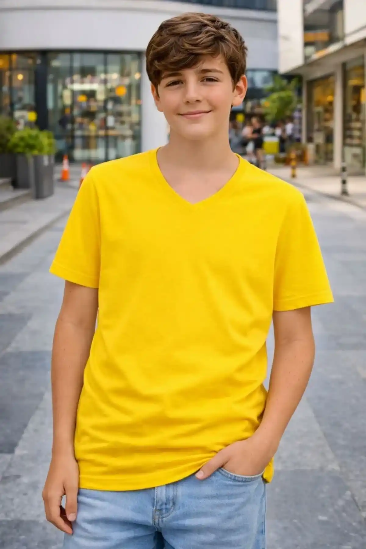 Genç Erkek Çocuk V Yaka Tişört Model - Sarı