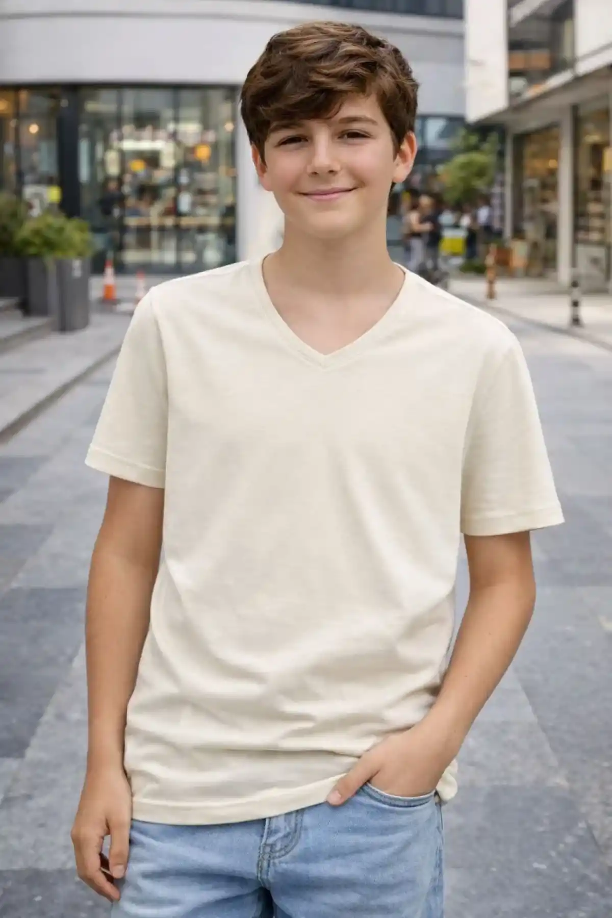 Genç Erkek Çocuk V Yaka Tişört Model - Taş