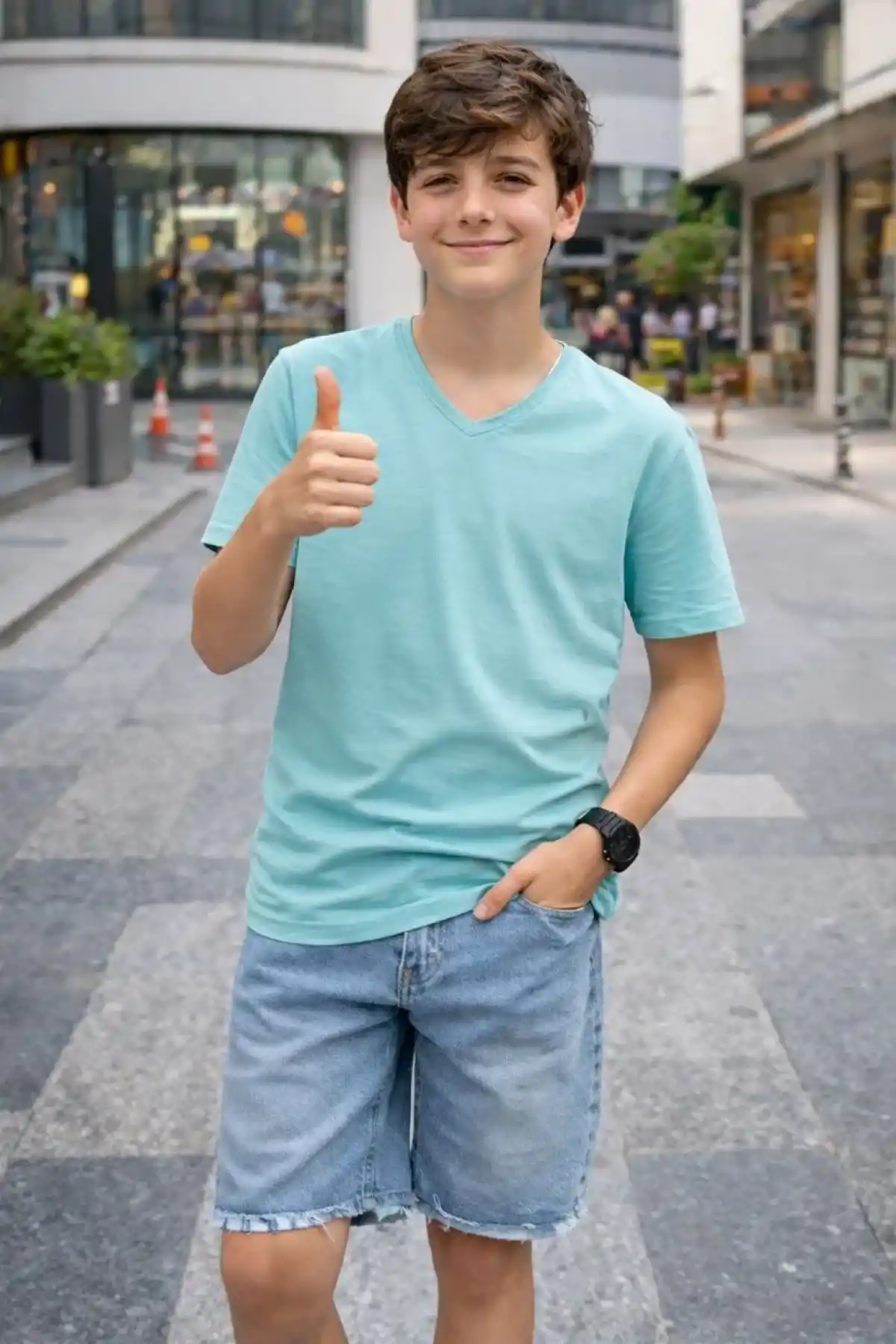 Genç Erkek Çocuk V Yaka Tişört Model - Turkuvaz