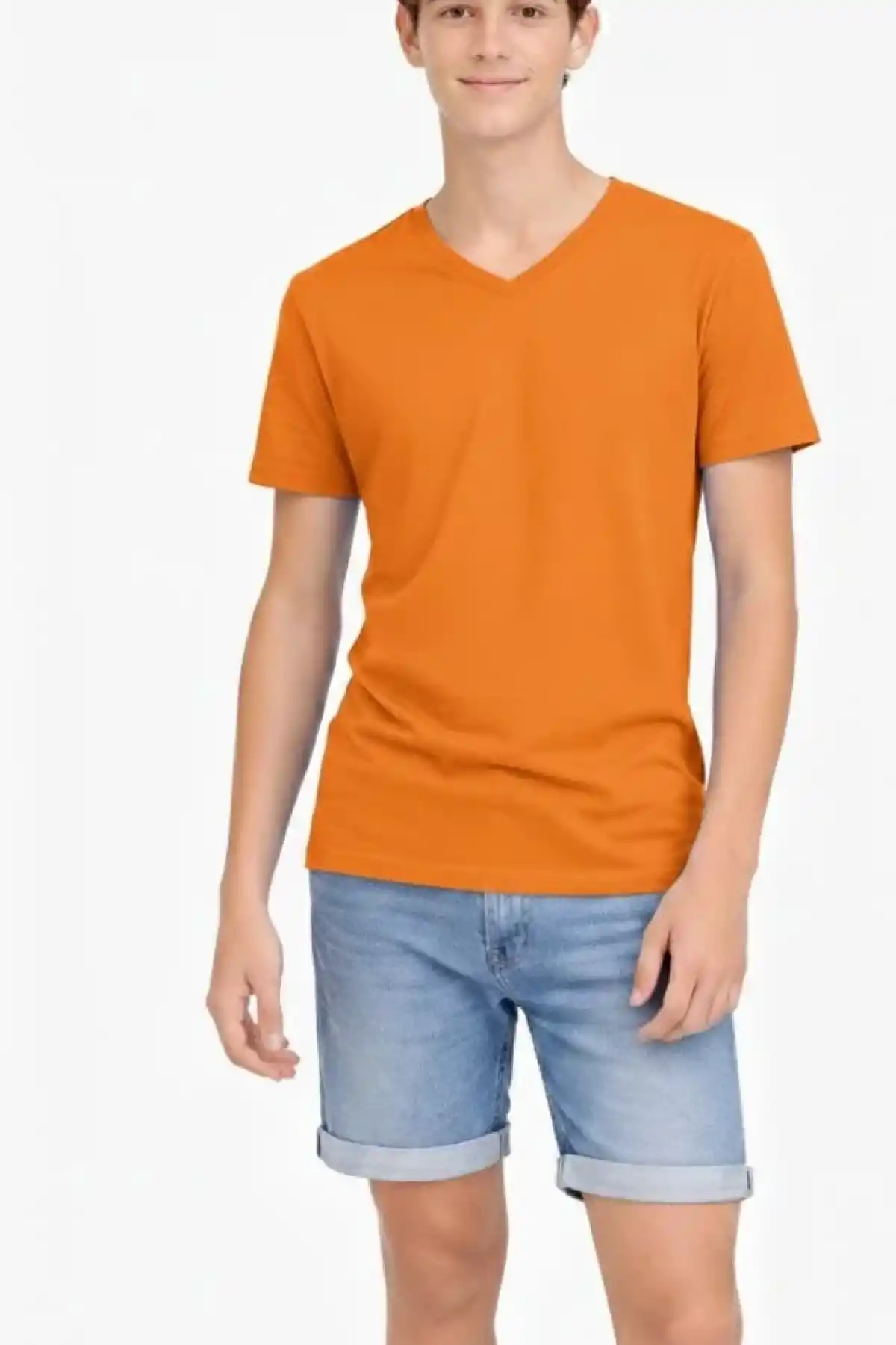 Genç Erkek Çocuk V Yaka Tişört Model - Turuncu