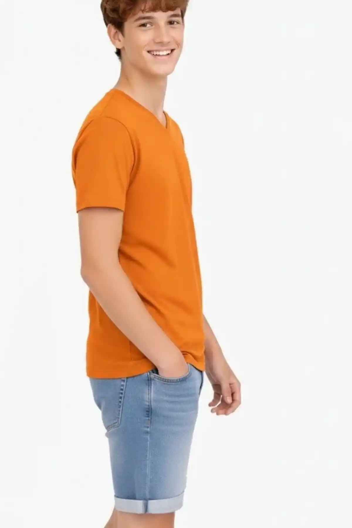Genç Erkek Çocuk V Yaka Tişört Model - Turuncu