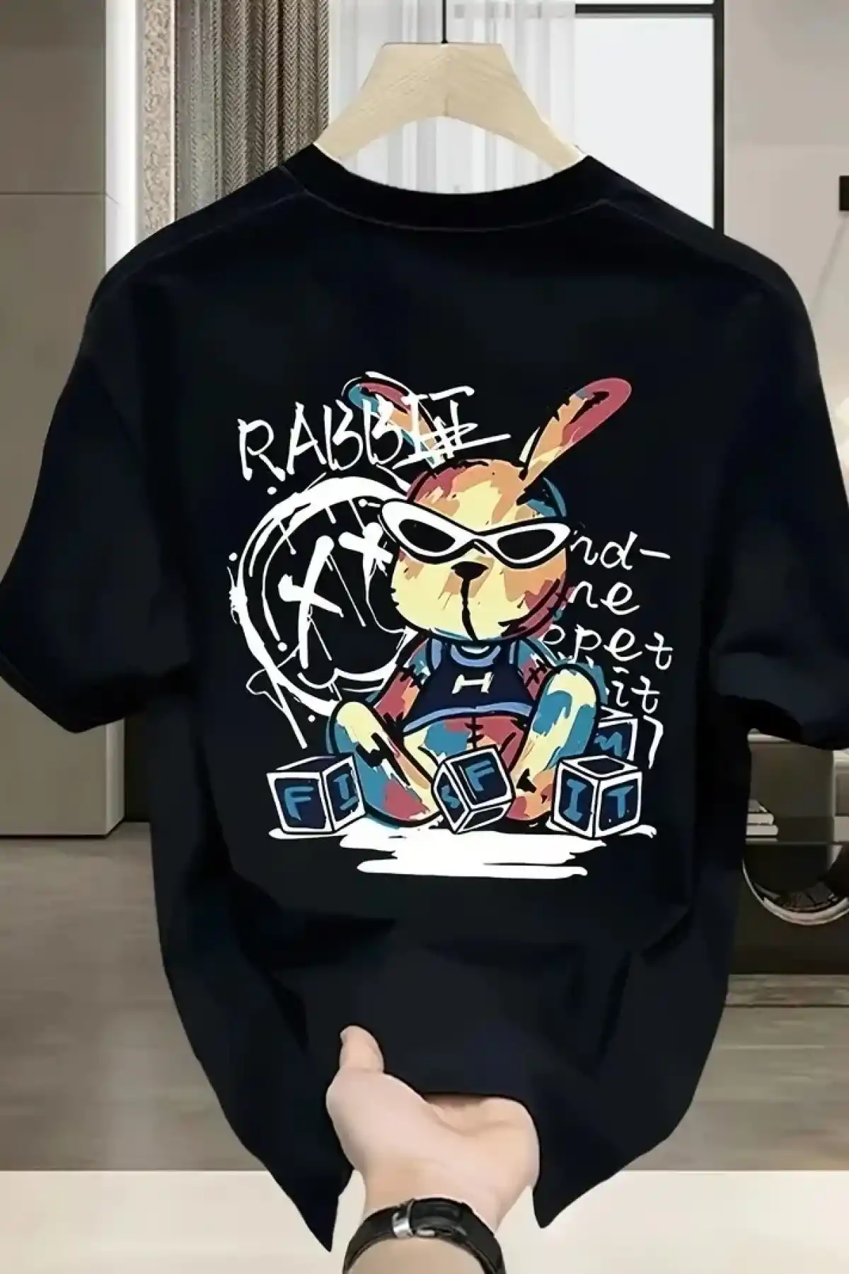 Güneş Gözlüğü Grafikli Karikatür Tavşan Oversize Kısa Kollu Tişört Çift Tişört, İlkbahar Ve Yaz- Siyah