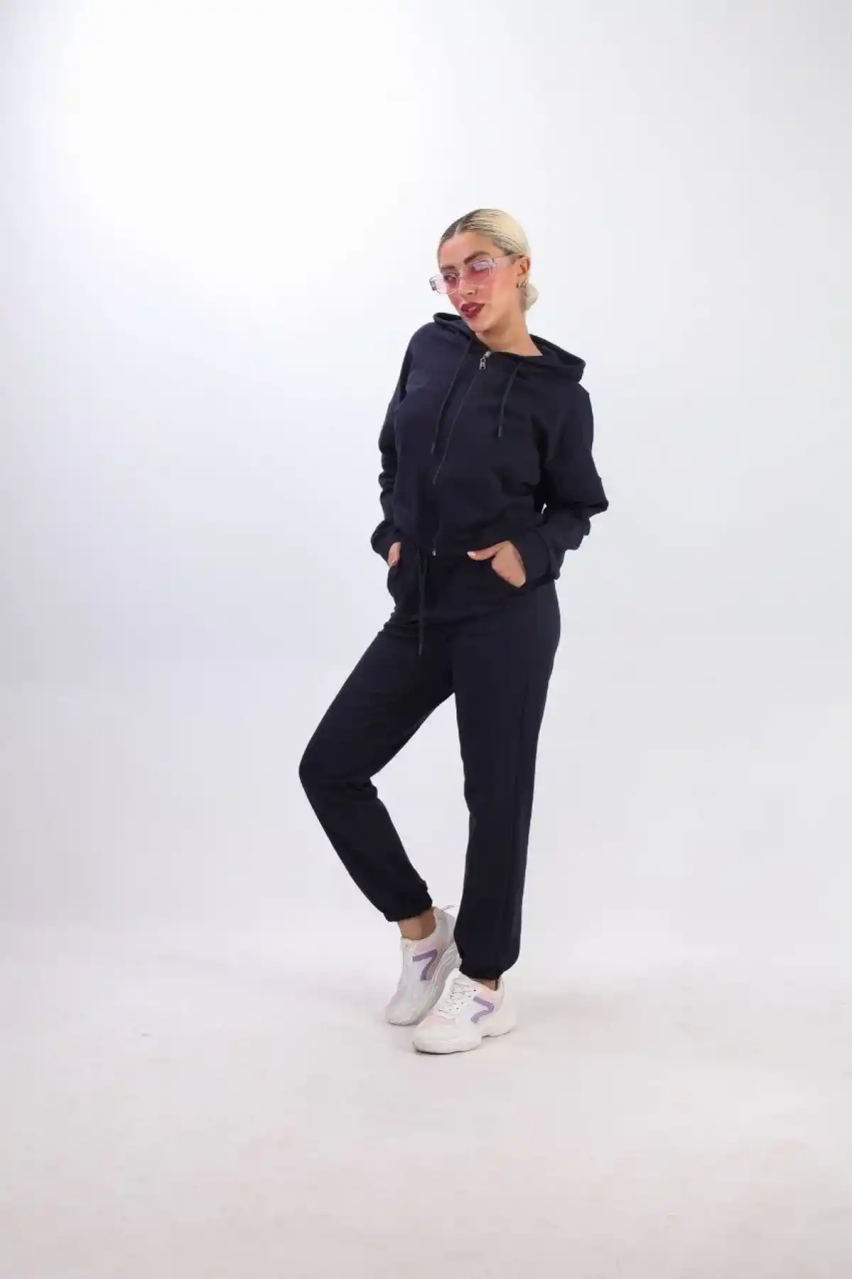 iki iplik Kapüşonlu Fermuarlı Crop Oversize Hırka Takım - Lacivert