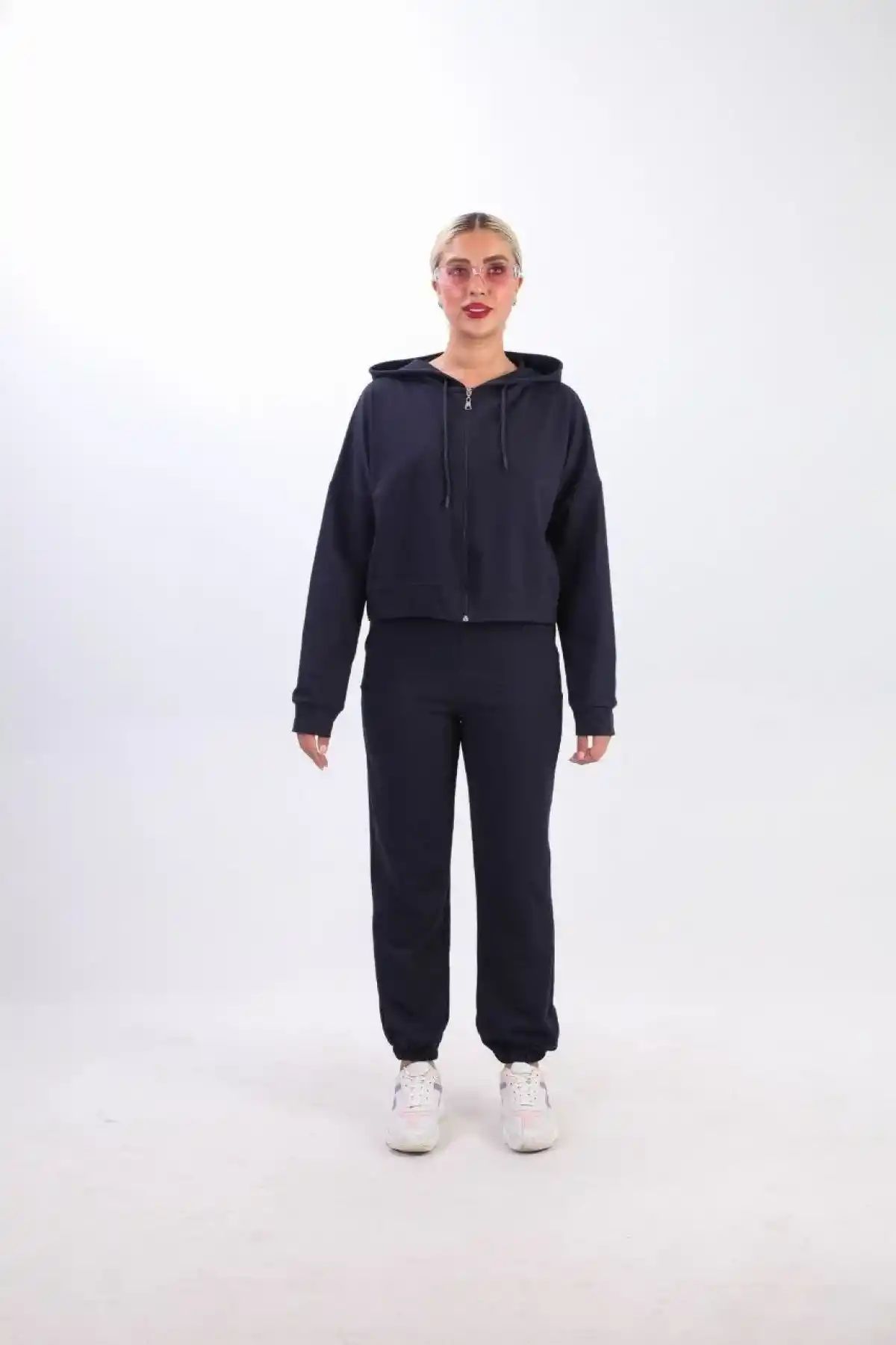 iki iplik Kapüşonlu Fermuarlı Crop Oversize Hırka Takım - Lacivert