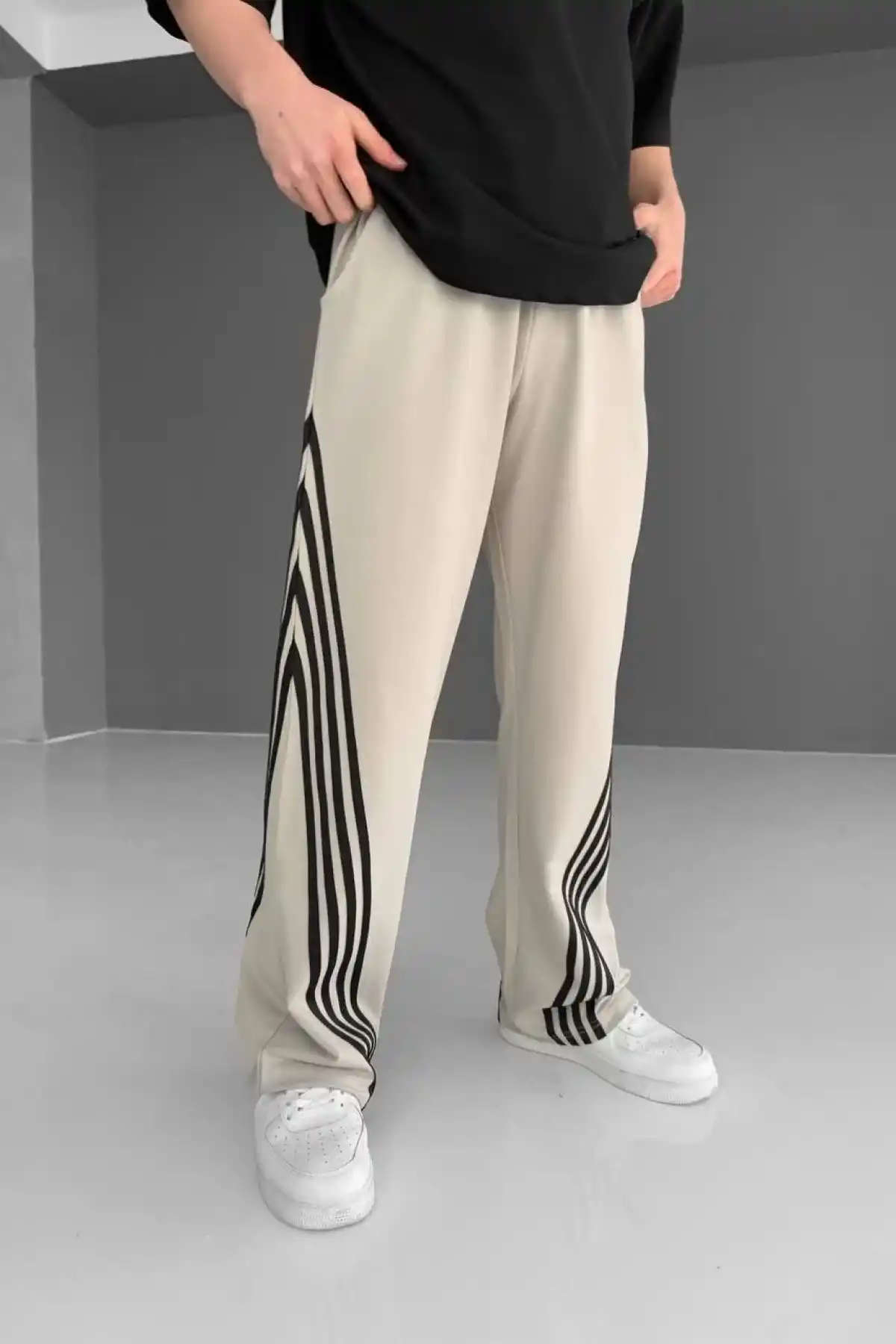 İki İplik Kumaş Şeritli Alt Esofman - Gri