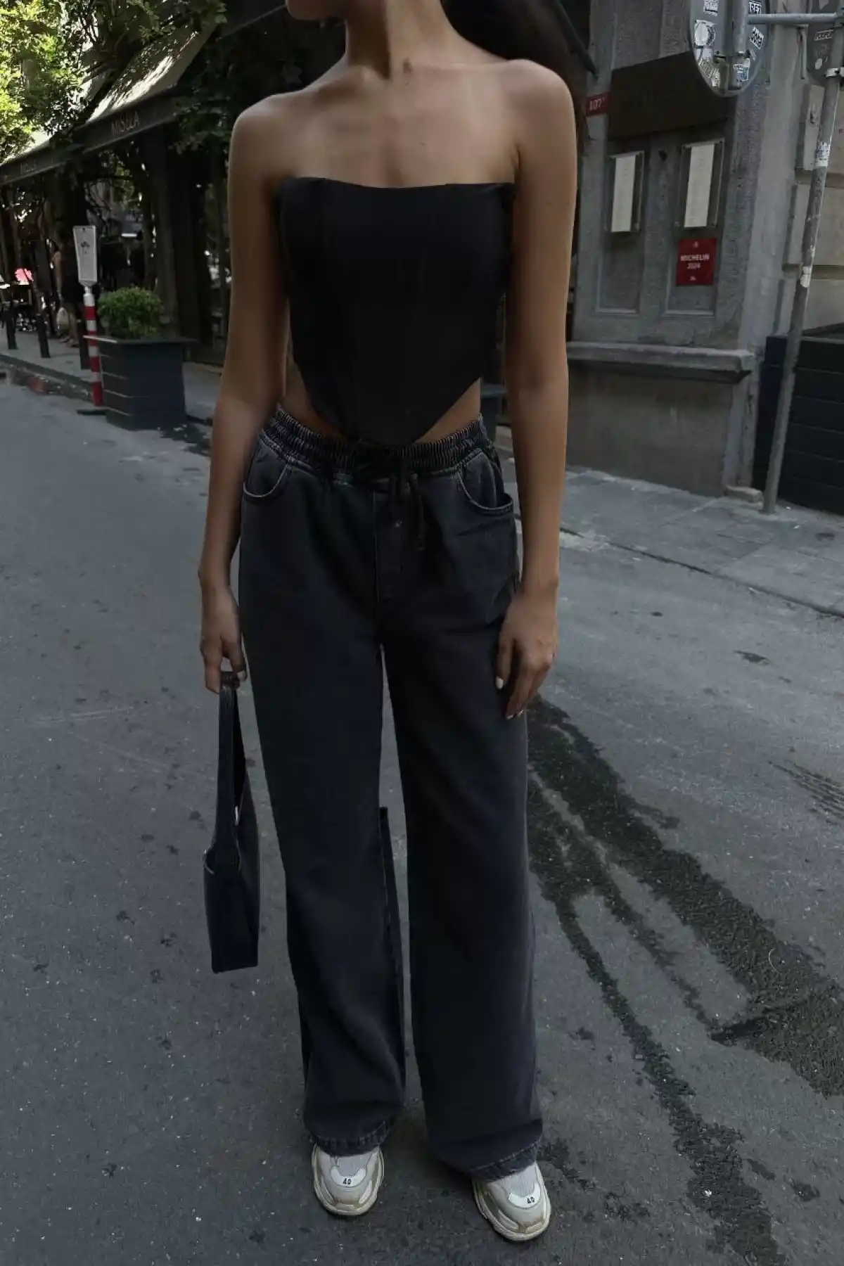 Kadın Arkadan Yırtmaçlı Jeans Kot Palazzo Pantolon - Siyah