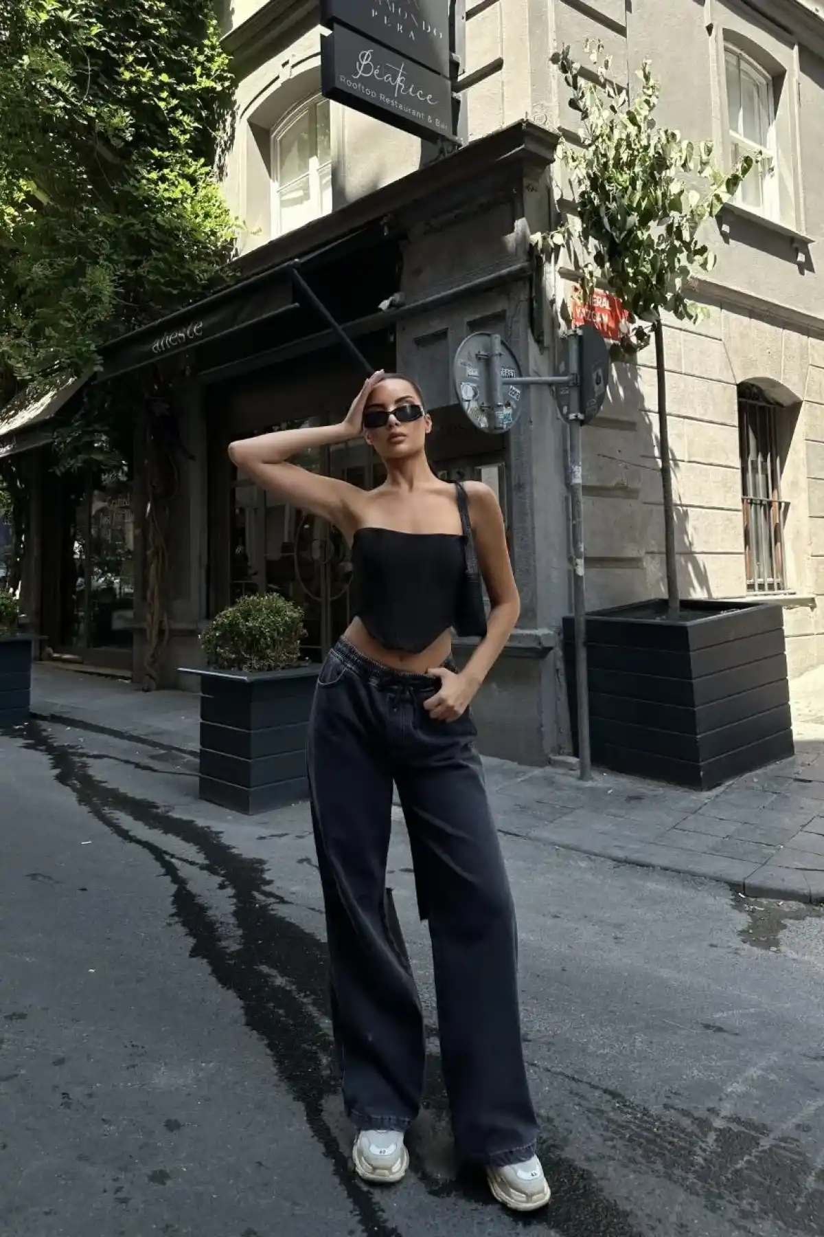 Kadın Arkadan Yırtmaçlı Jeans Kot Palazzo Pantolon - Siyah