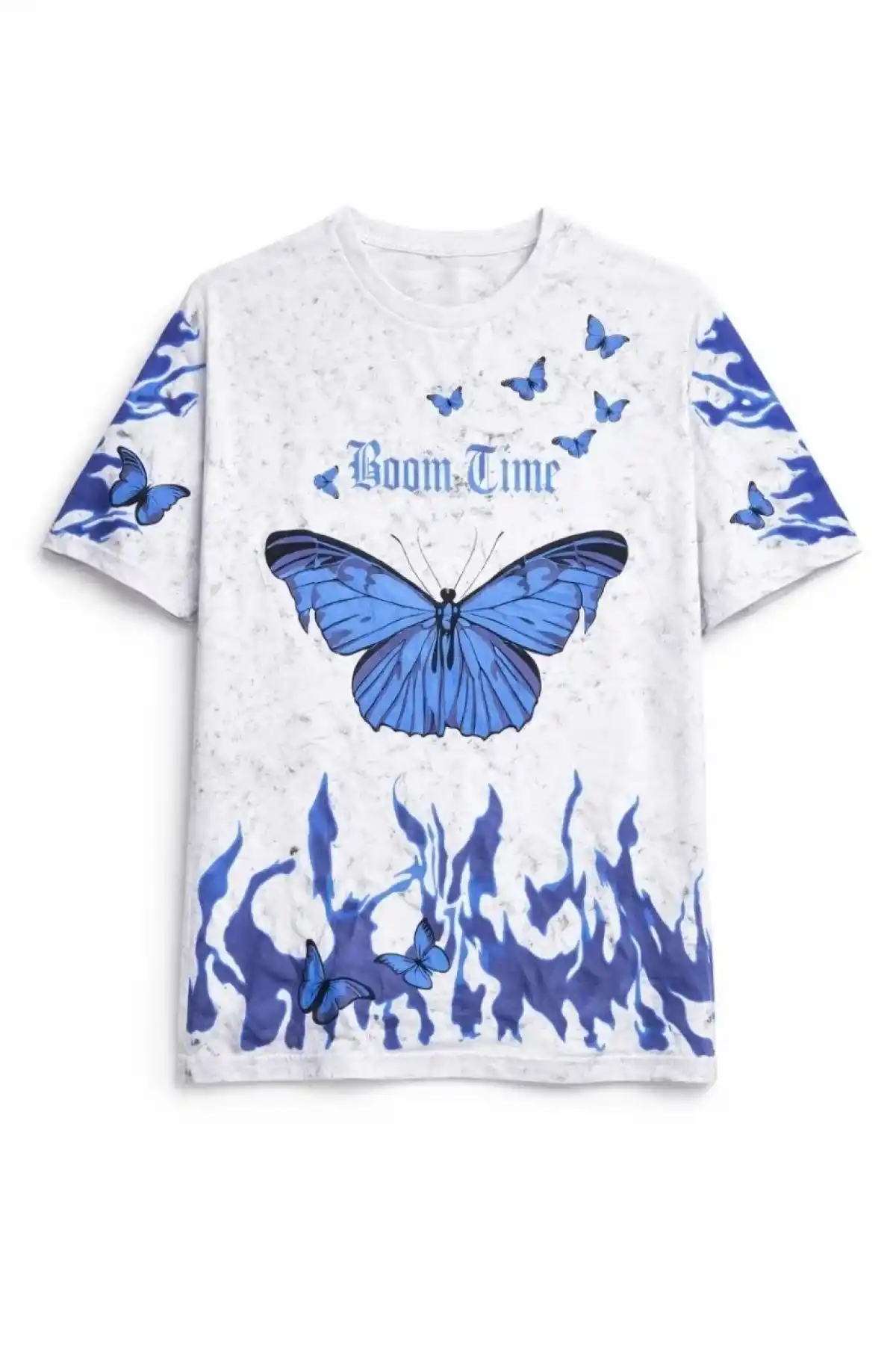 Kadın Asit Yıkamalı Oversize Tişört Mavi Kelebek Baskılı Dijital Print Bisiklet Yaka Streetwear T-Shirt - Beyaz