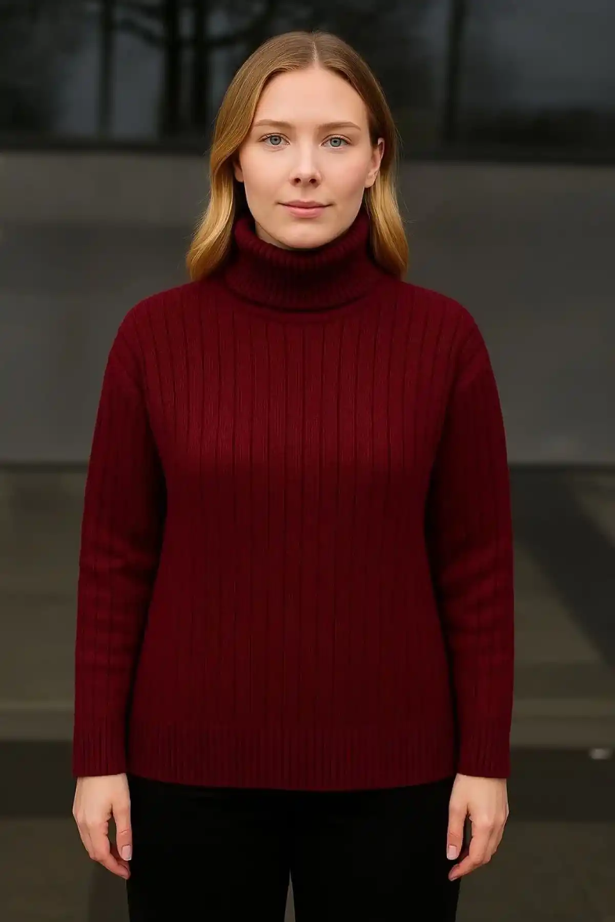 Kadın Balıkcı Yaka Bağazlı Triko Kazak Pamuklu Kalın Fitilli Dokuma - Bordo