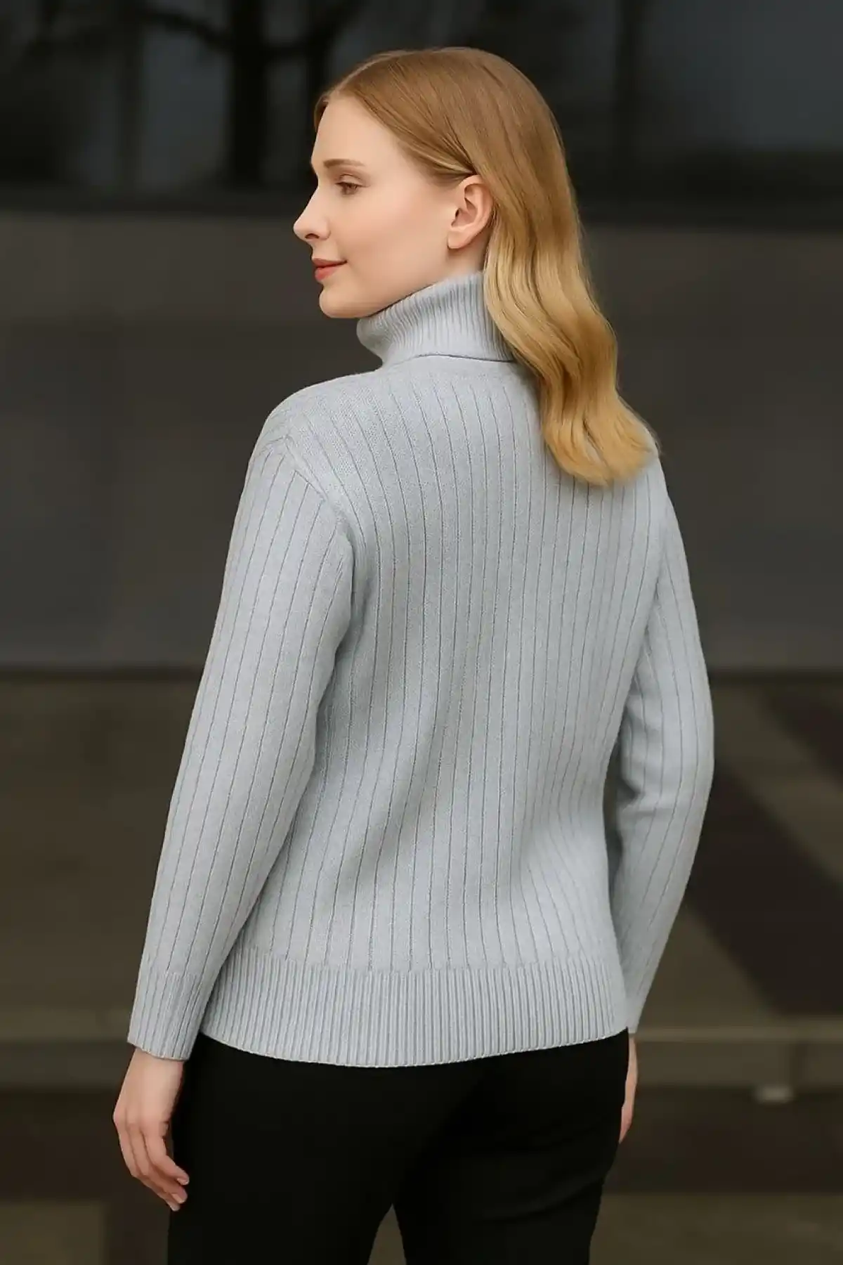 Kadın Balıkcı Yaka Bağazlı Triko Kazak Pamuklu Kalın Fitilli Dokuma - Gri