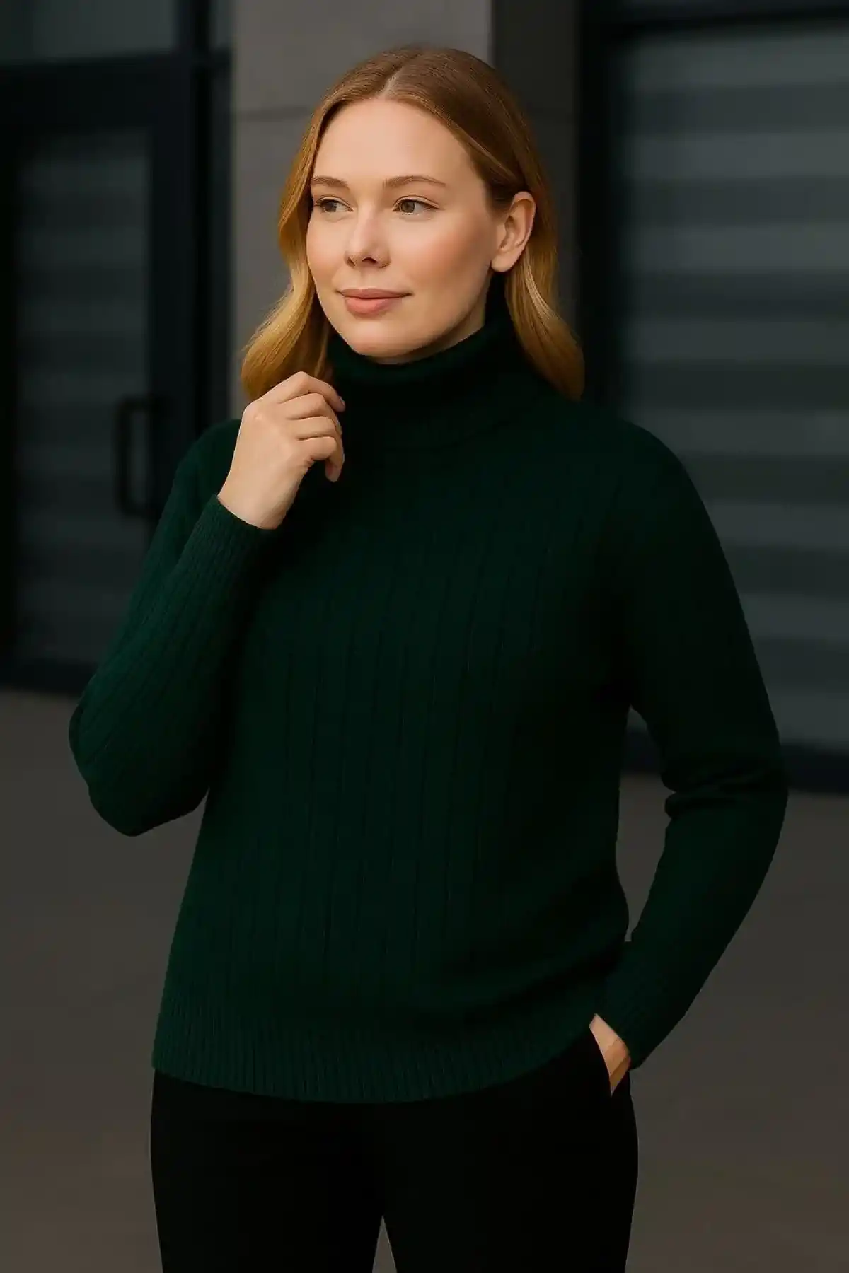 Kadın Balıkcı Yaka Bağazlı Triko Kazak Pamuklu Kalın Fitilli Dokuma - Haki