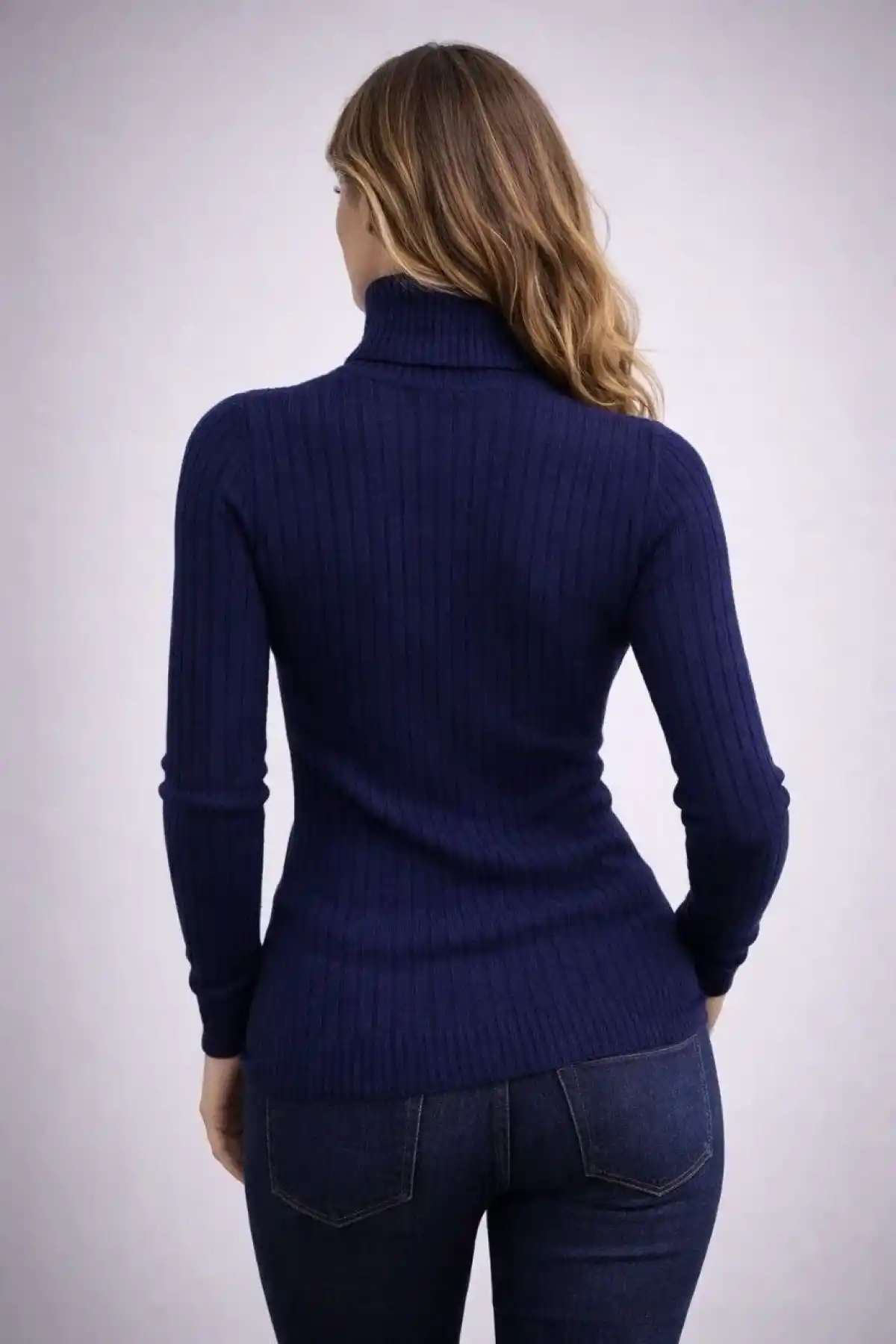 Kadın Balıkcı Yaka Bağazlı Triko Kazak Pamuklu Kalın Fitilli Dokuma - Lacivert