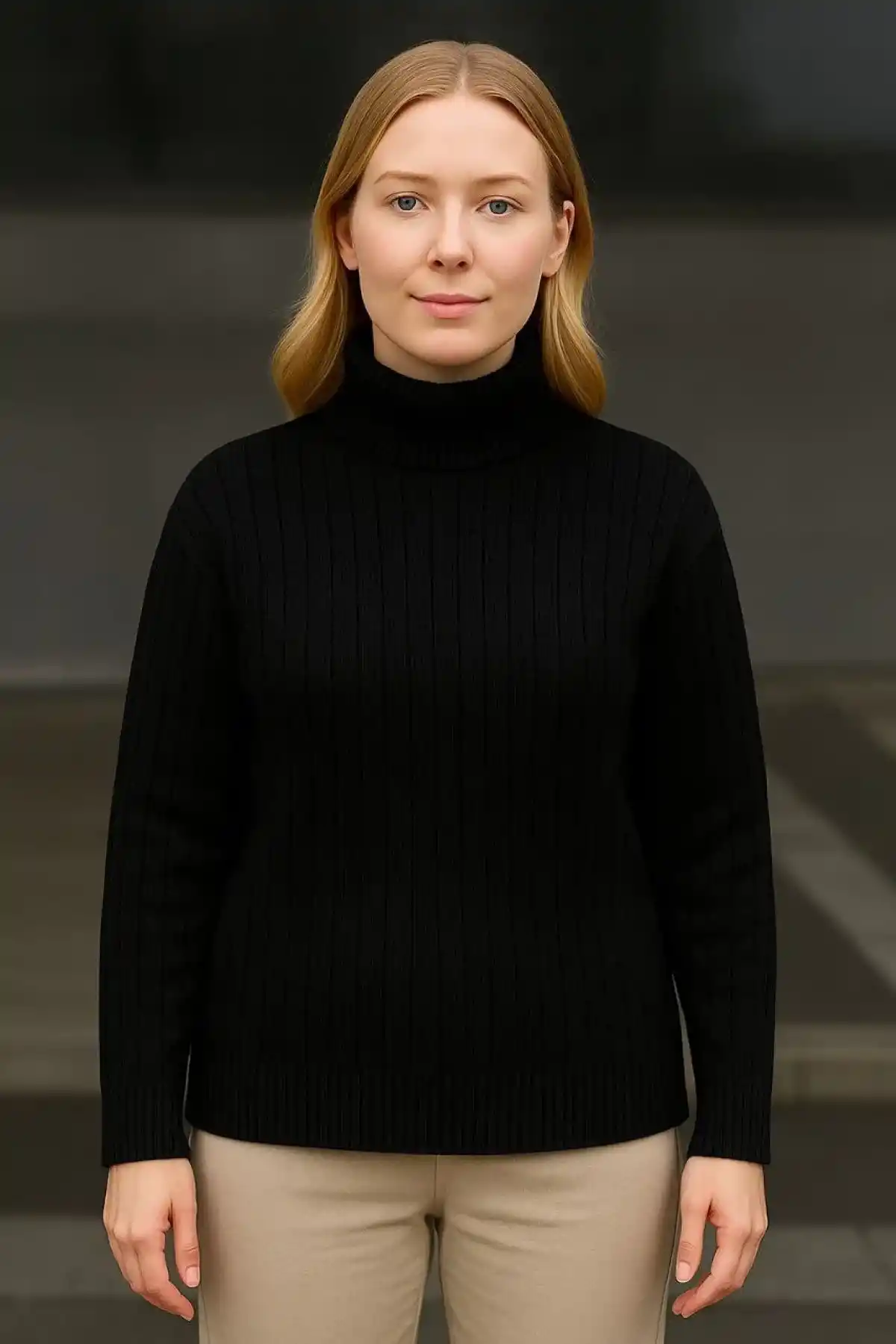 Kadın Balıkcı Yaka Bağazlı Triko Kazak Pamuklu Kalın Fitilli Dokuma - Siyah