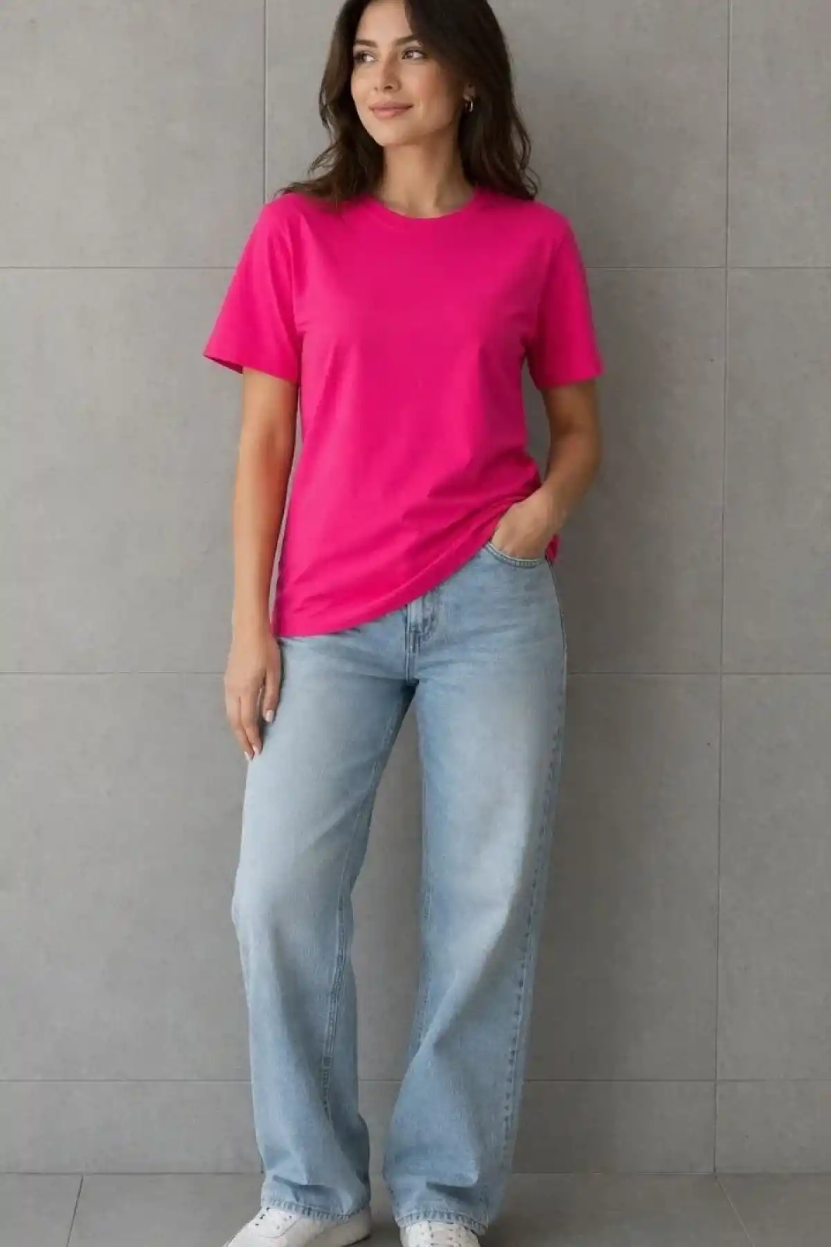 Kadın Basic Pamuklu Tişört Bisiklet Yaka Düz Renk Relaxed Fit T-Shirt - Fuşya