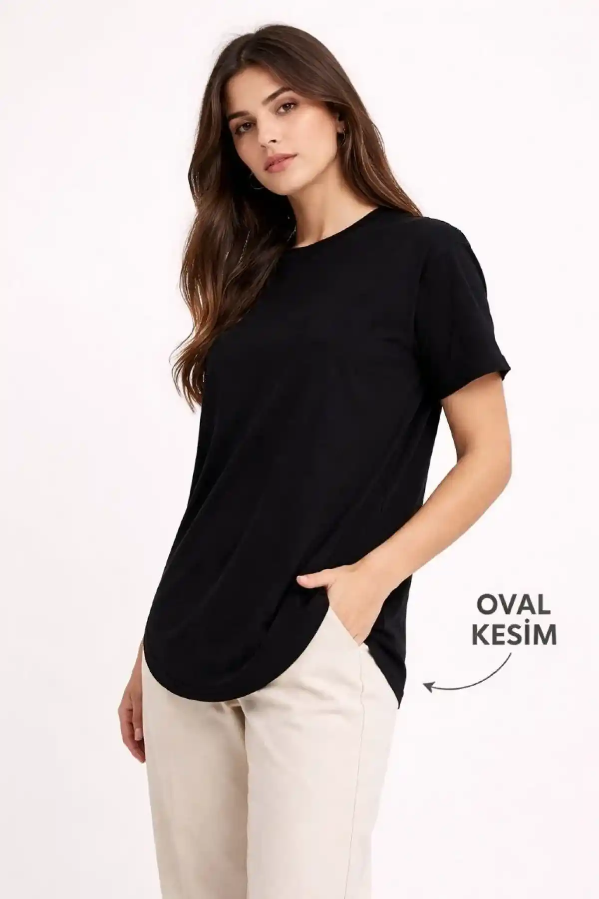 Kadın Basic T-Shirt Kısa Kol Bisiklet Yaka Oval Kesim Tişört - Siyah