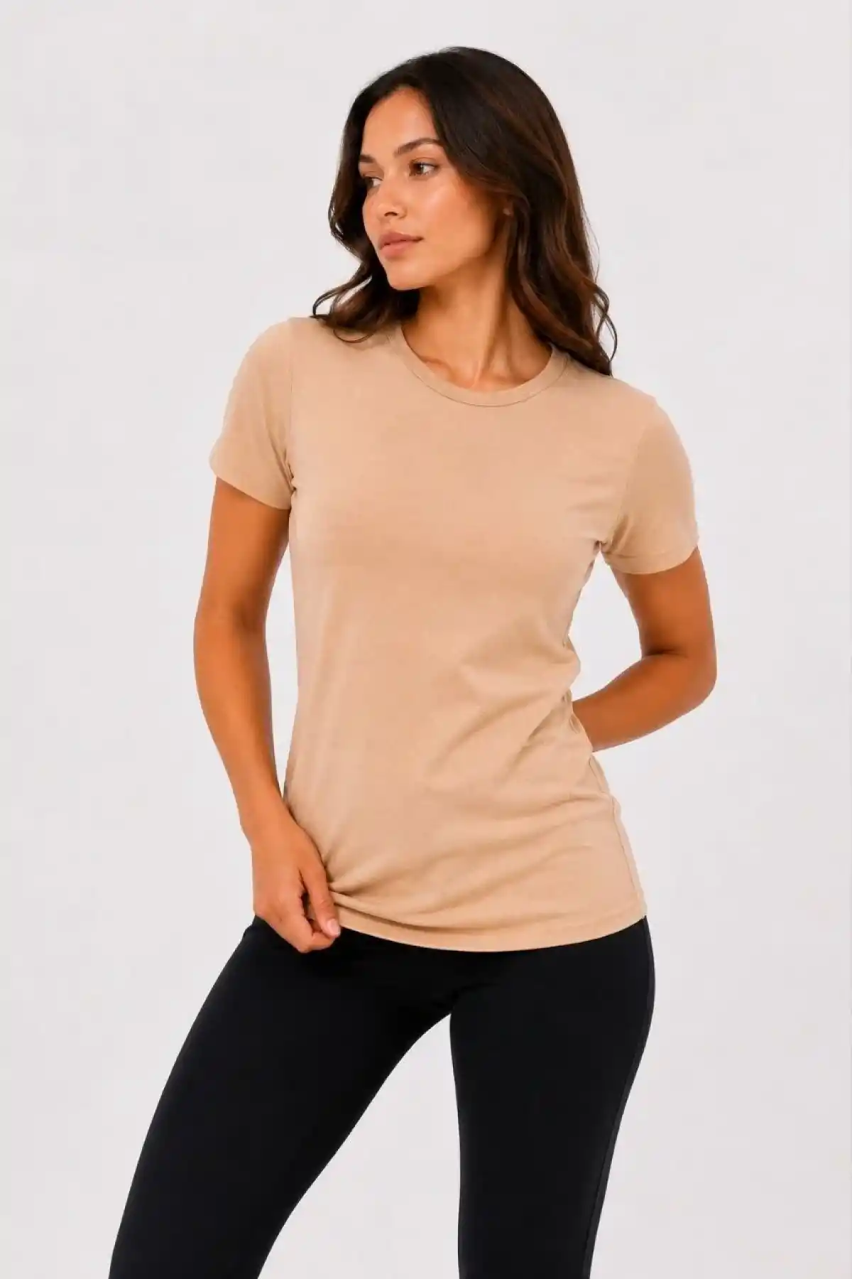 Kadın Basic Tişört Bisiklet Yaka Kısa Kol Günlük Yazlık Slim fit T-Shirt - Bej