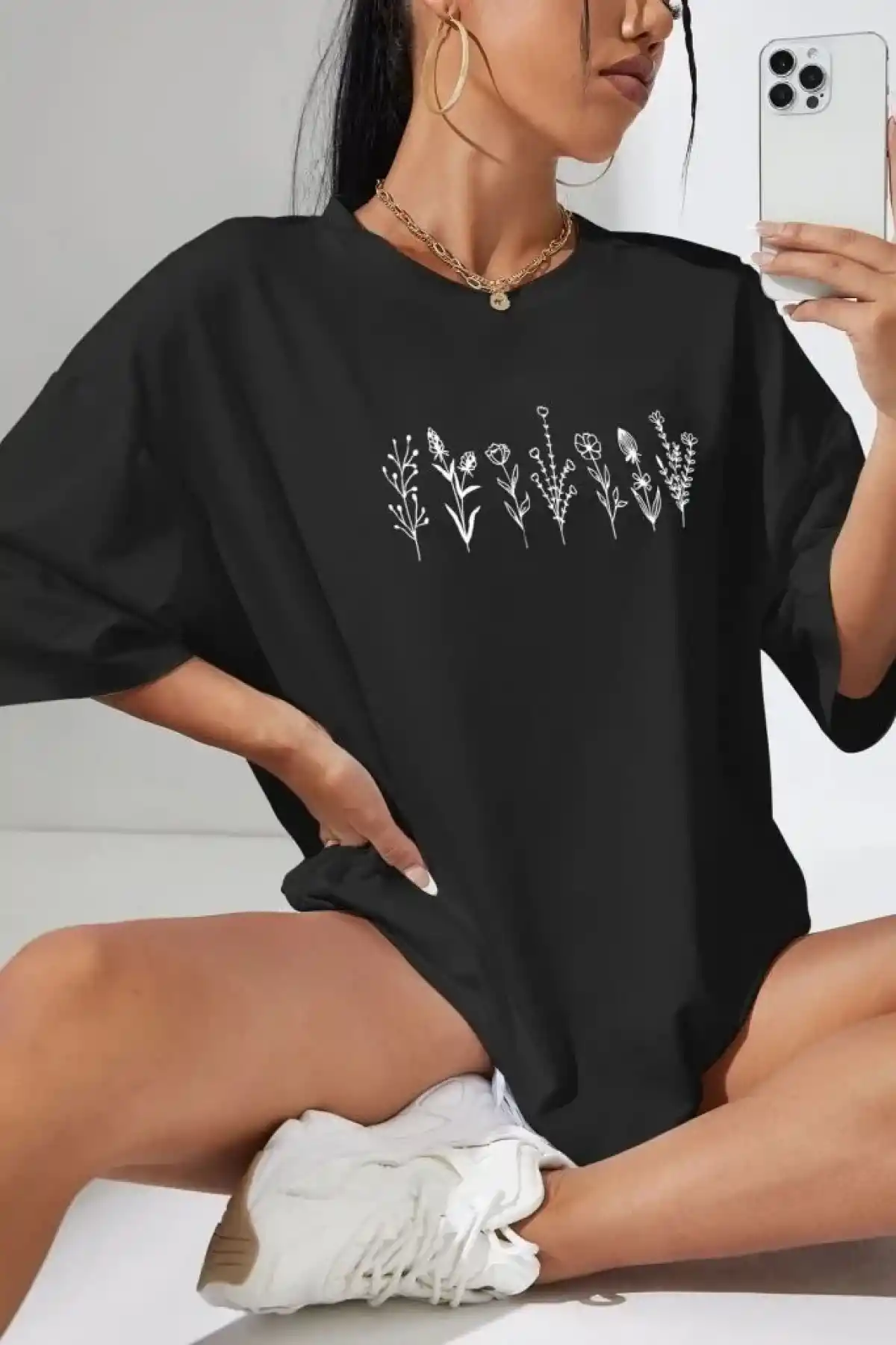 Kadın Baskılı Oversize T-shirt - Siyah