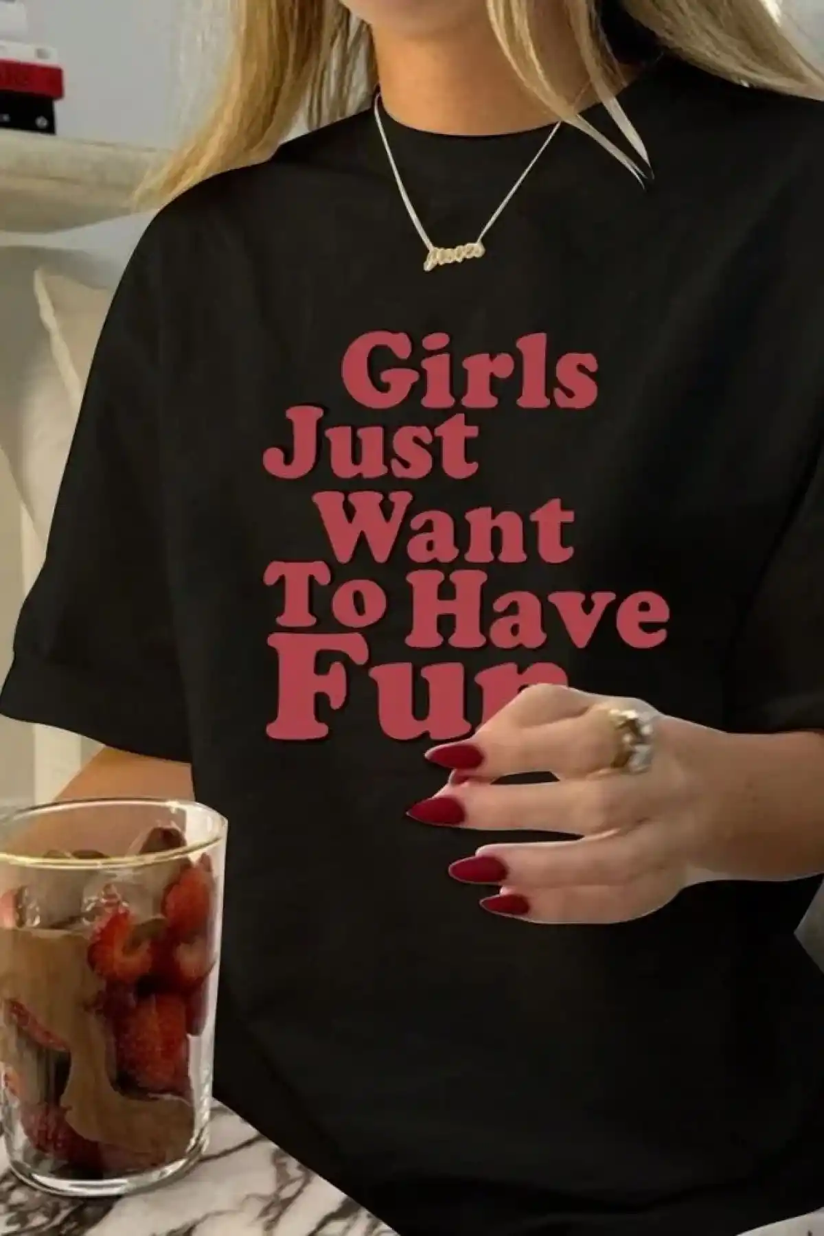 Kadın Baskılı Oversize T-shirt - Siyah