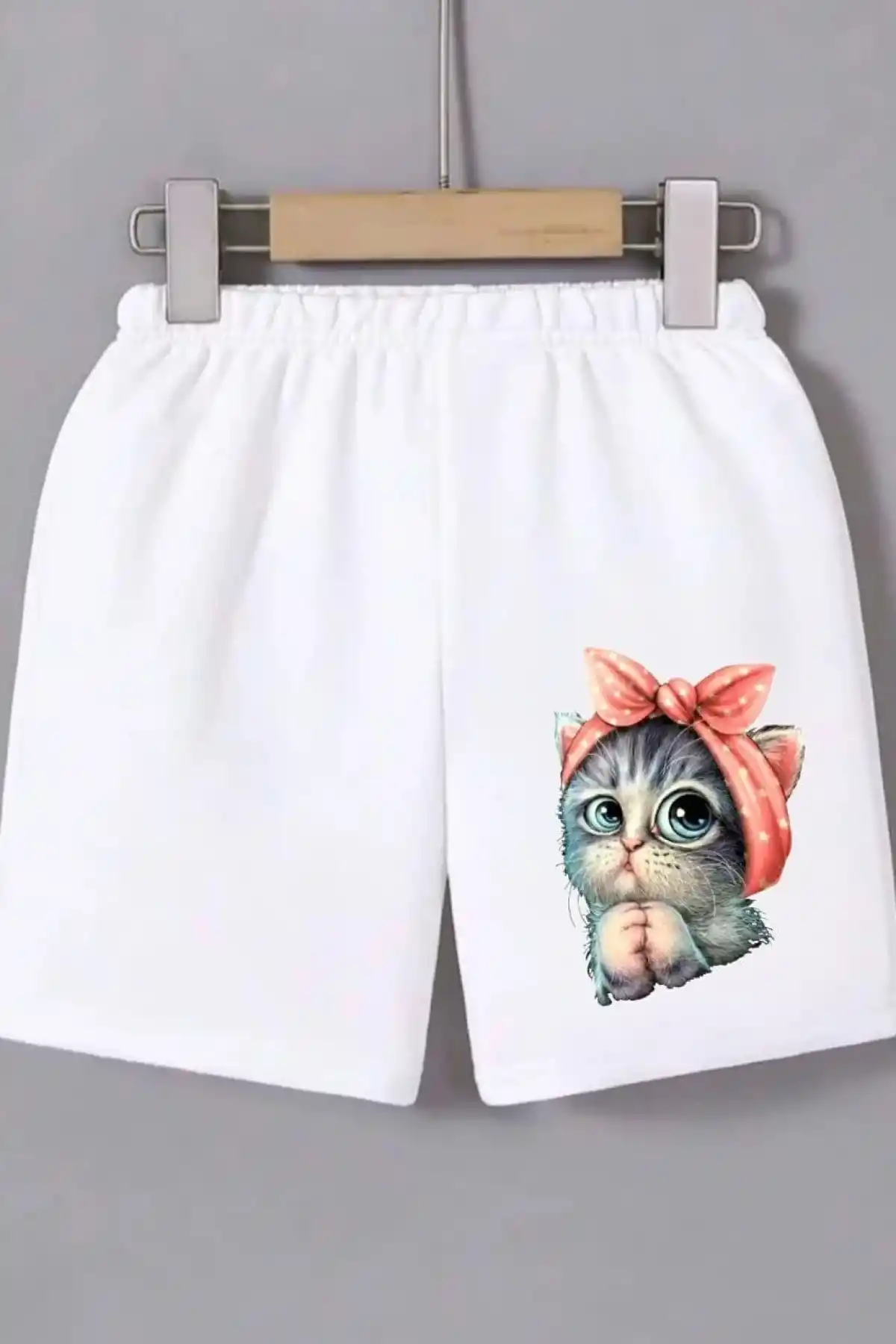 Kadın Beli Lastikli Baskılı Mini Şort - Beyaz