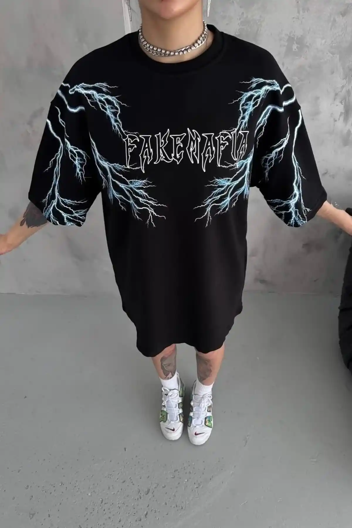 Kadın Bisiklet Yaka Baskılı  Kısa kol Oversize T-Shirt - Siyah