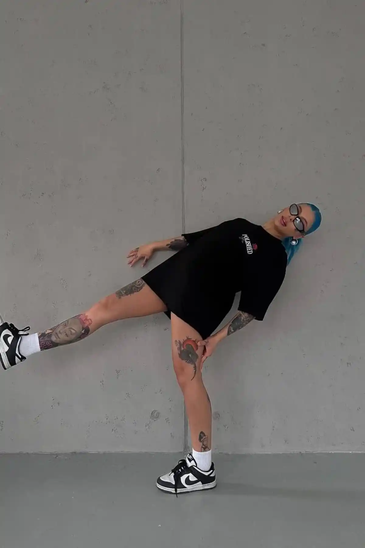 Kadın Bisiklet Yaka Baskılı kısa kol Oversize T-Shirt - Siyah