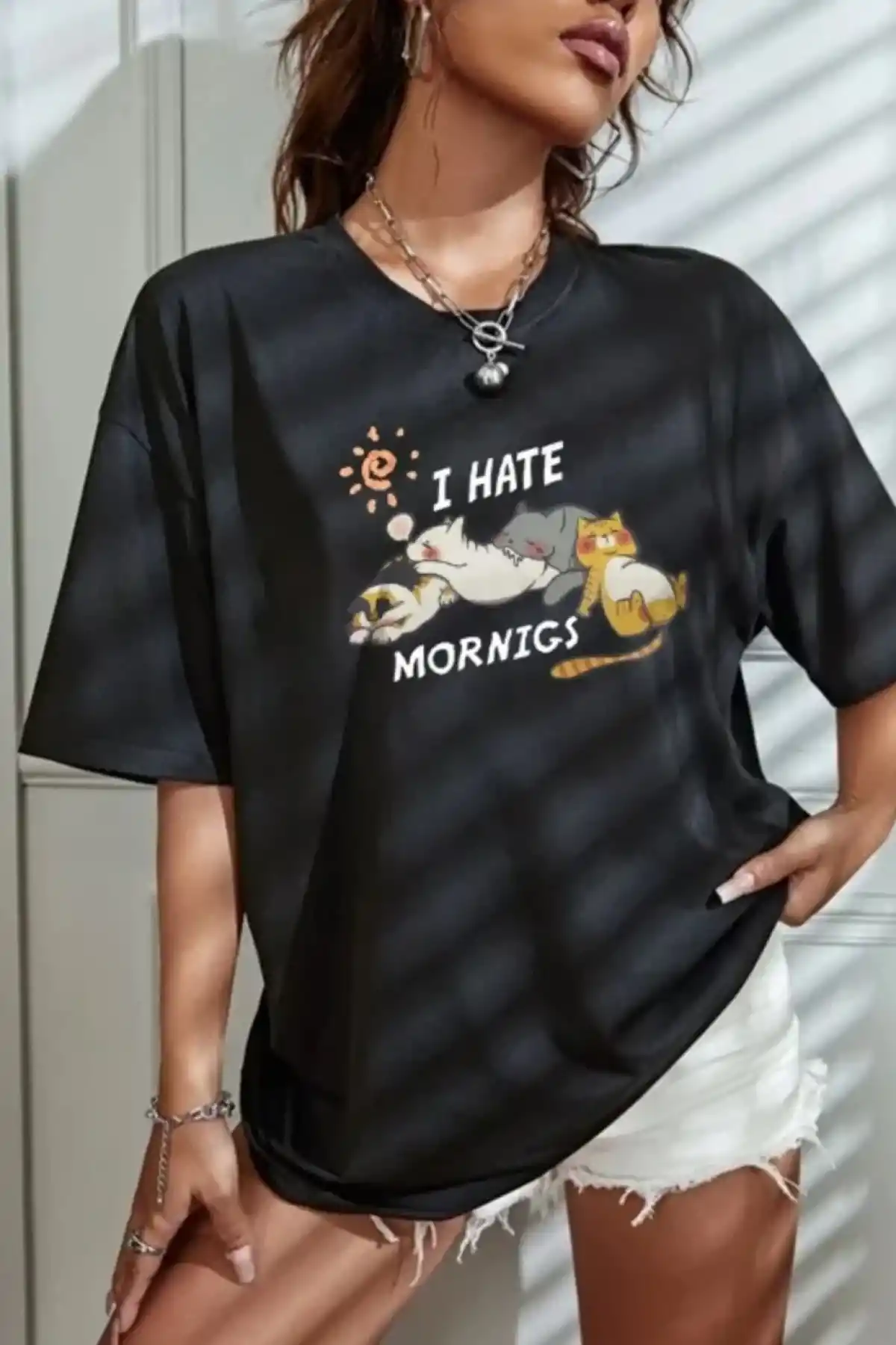 Kadın Bisiklet Yaka Baskılı Oversize T-Shirt - Siyah