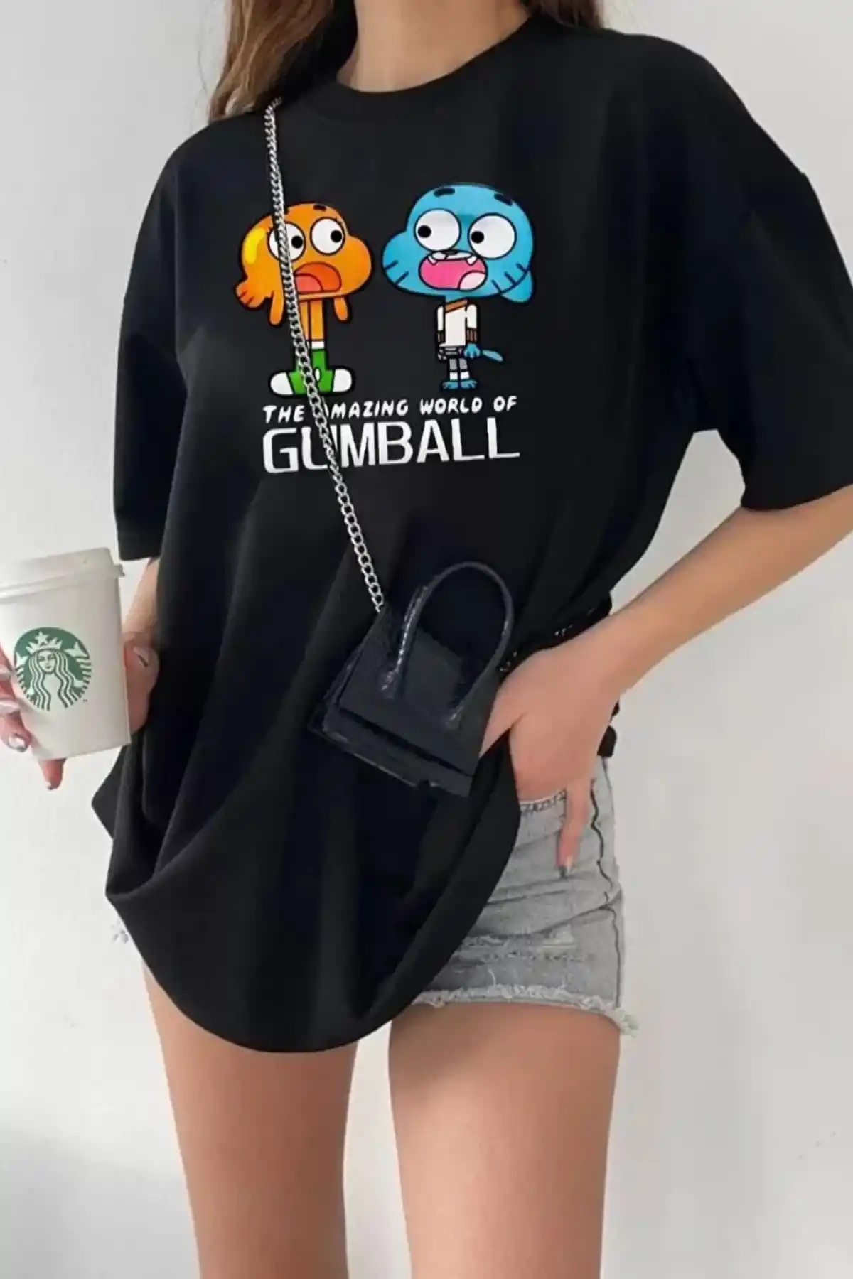 Kadın Bisiklet Yaka Baskılı Oversize T-Shirt - Siyah