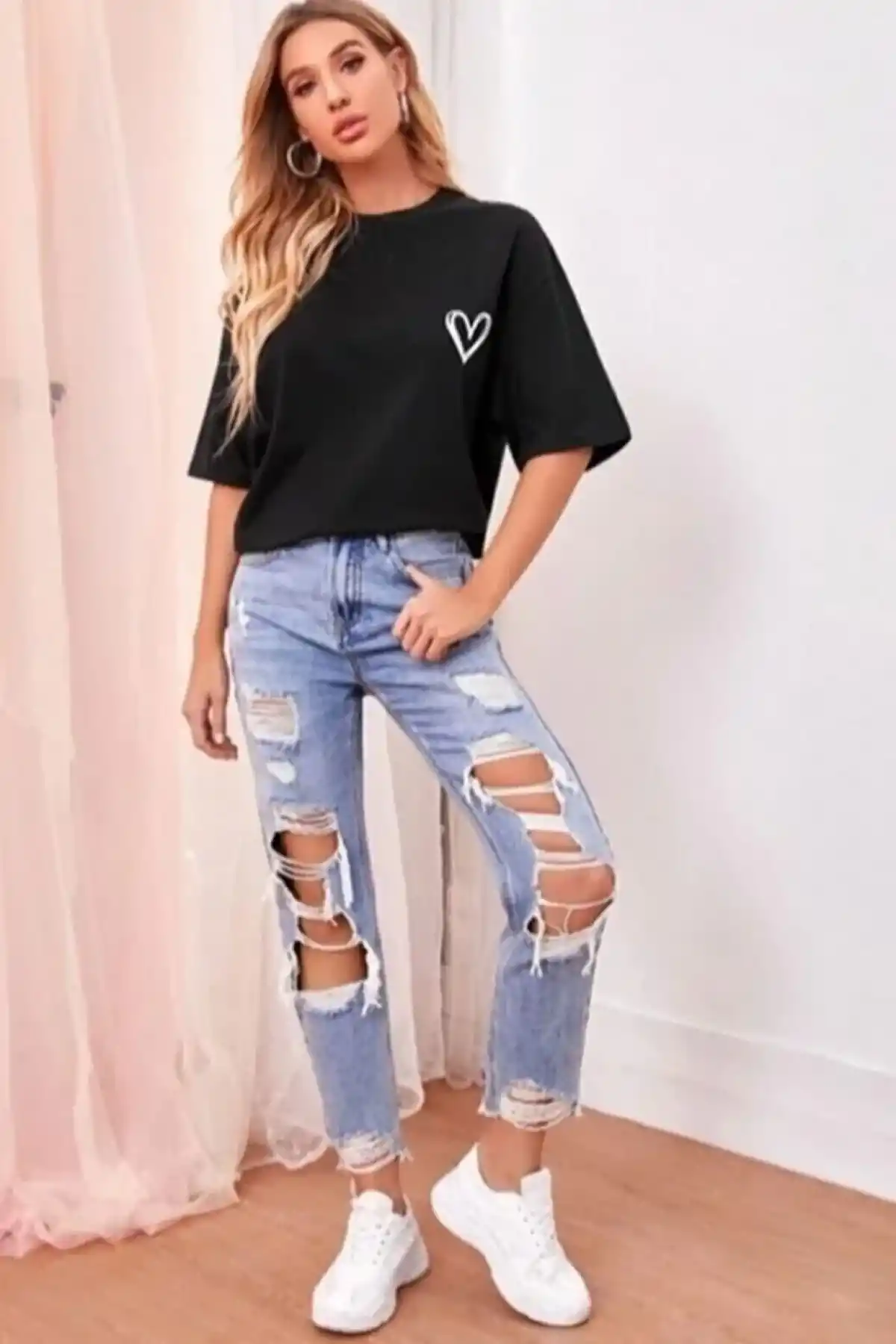 Kadın Bisiklet Yaka Baskılı Oversize T-Shirt - Siyah