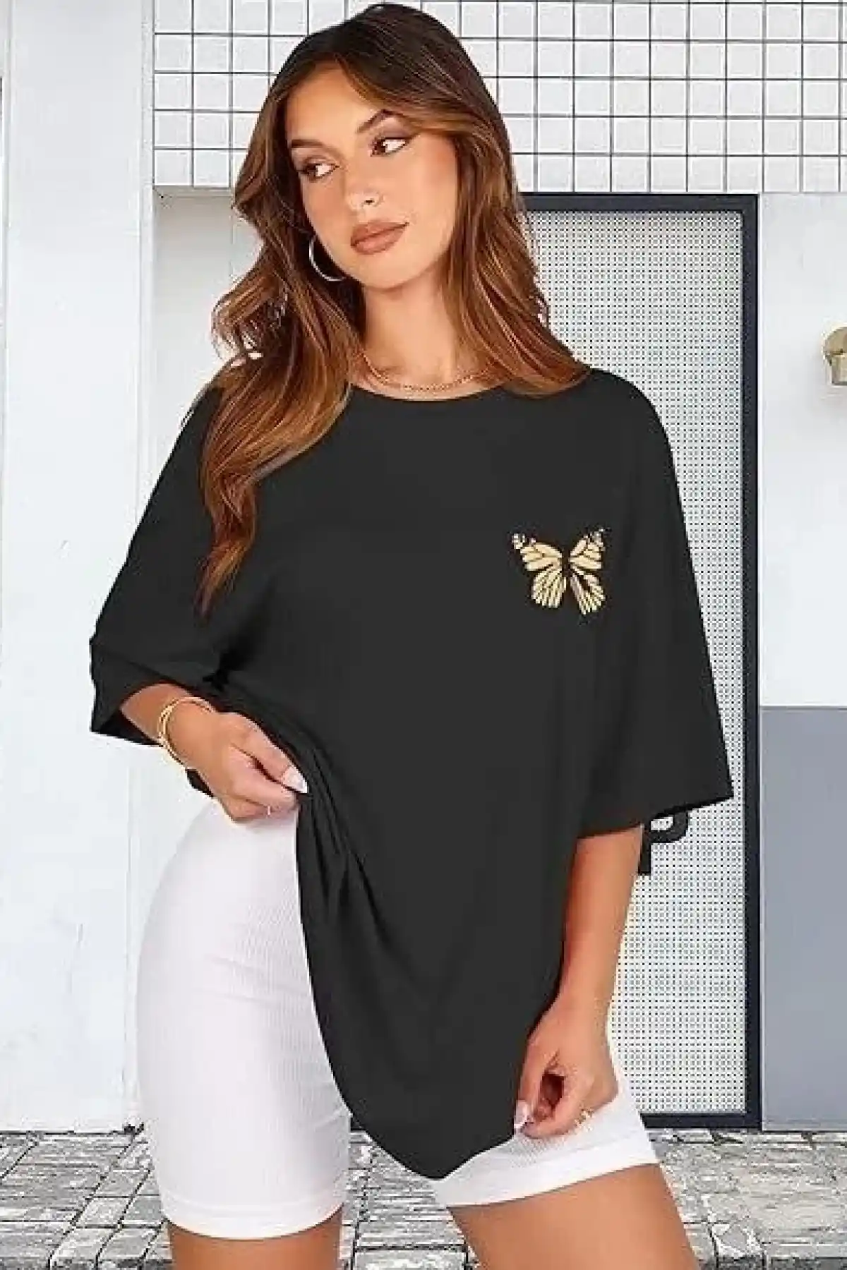 Kadın Bisiklet Yaka Baskılı T-shirt - Siyah