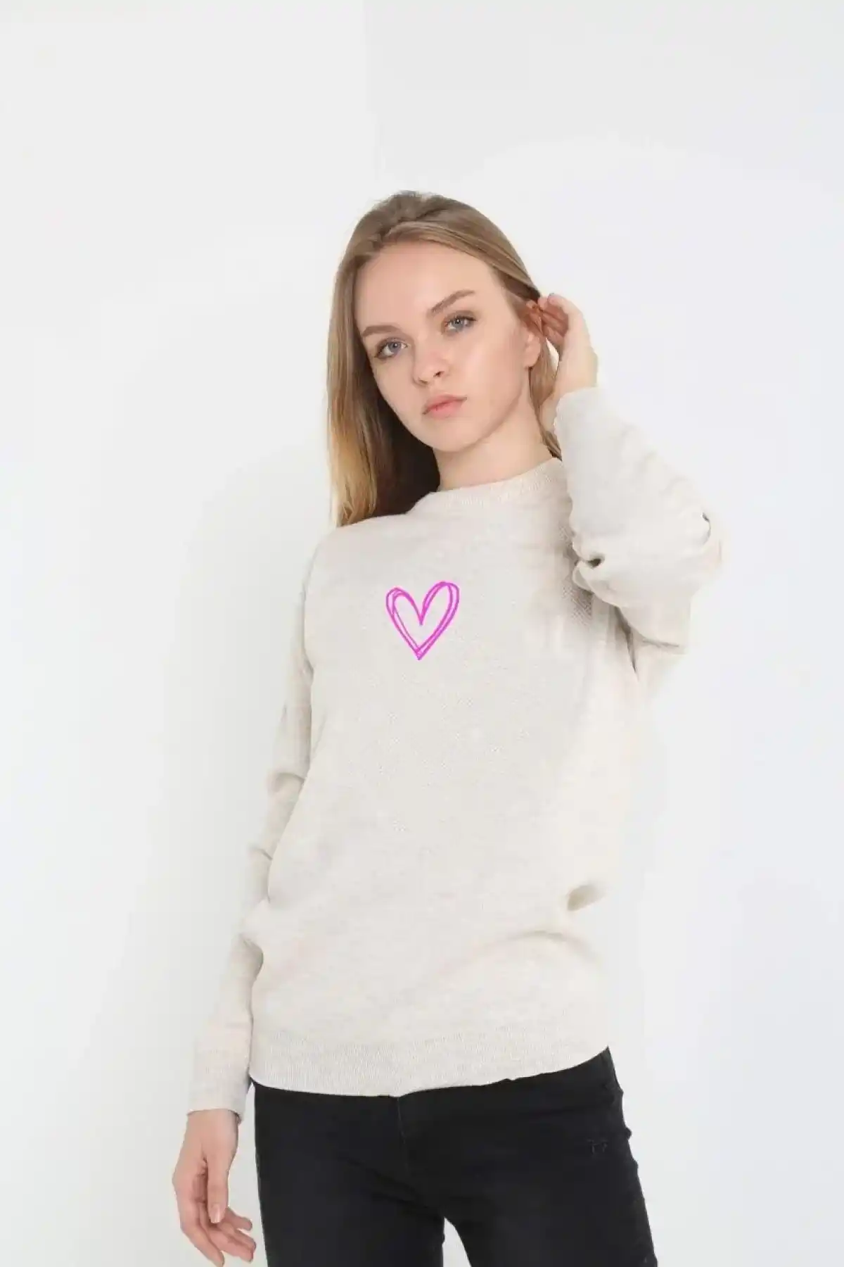 Kadın Bisiklet Yaka Kazak Baskılı Dokuma Triko - Bej