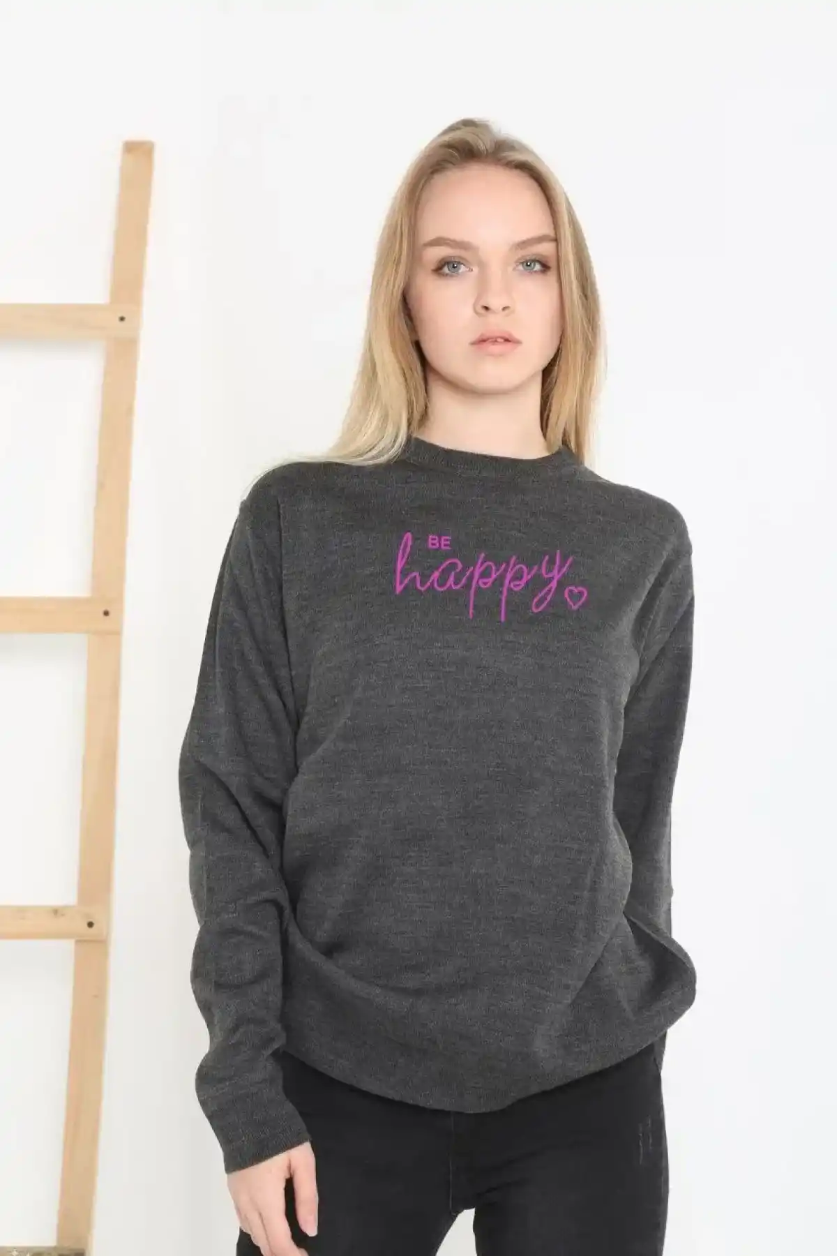 Kadın Bisiklet Yaka Kazak Baskılı Dokuma Triko - Füme