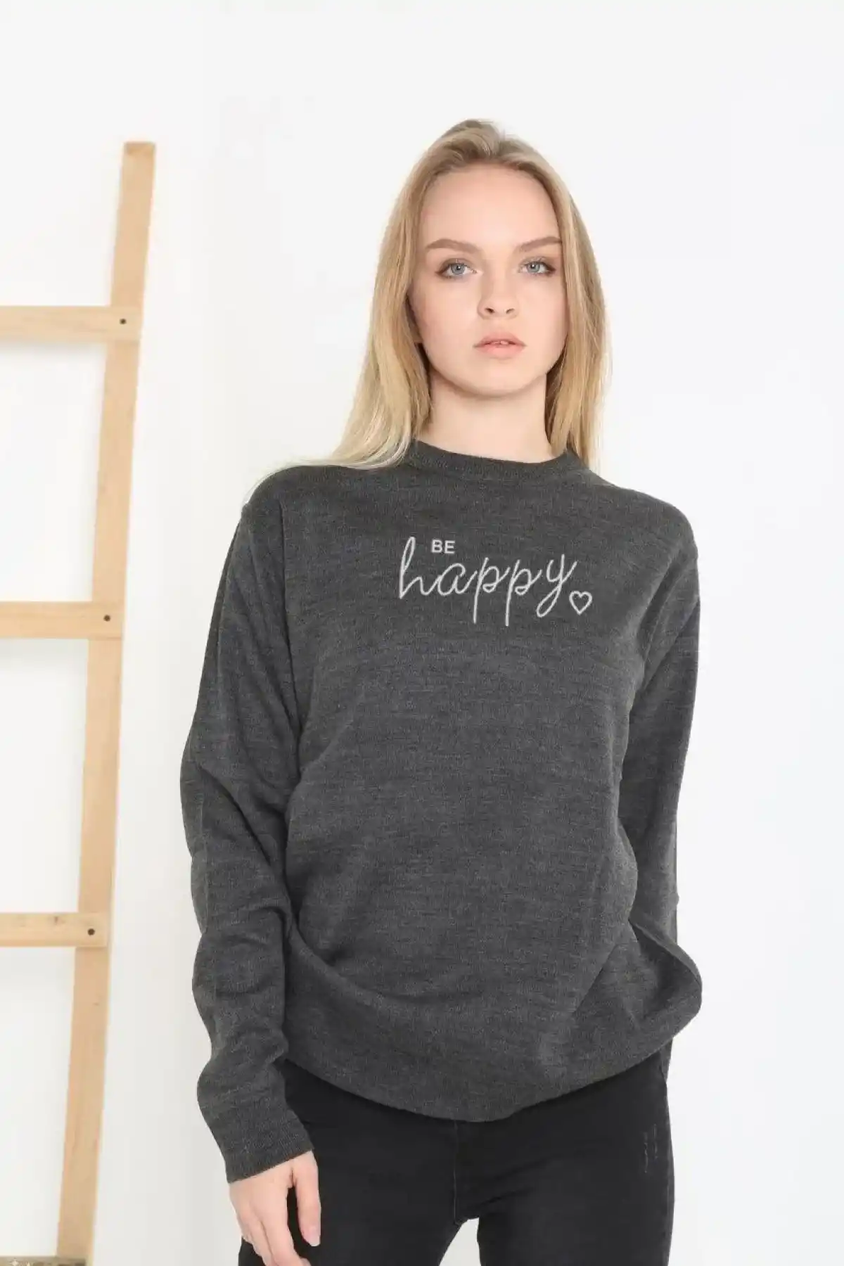 Kadın Bisiklet Yaka Kazak Baskılı Dokuma Triko - Füme