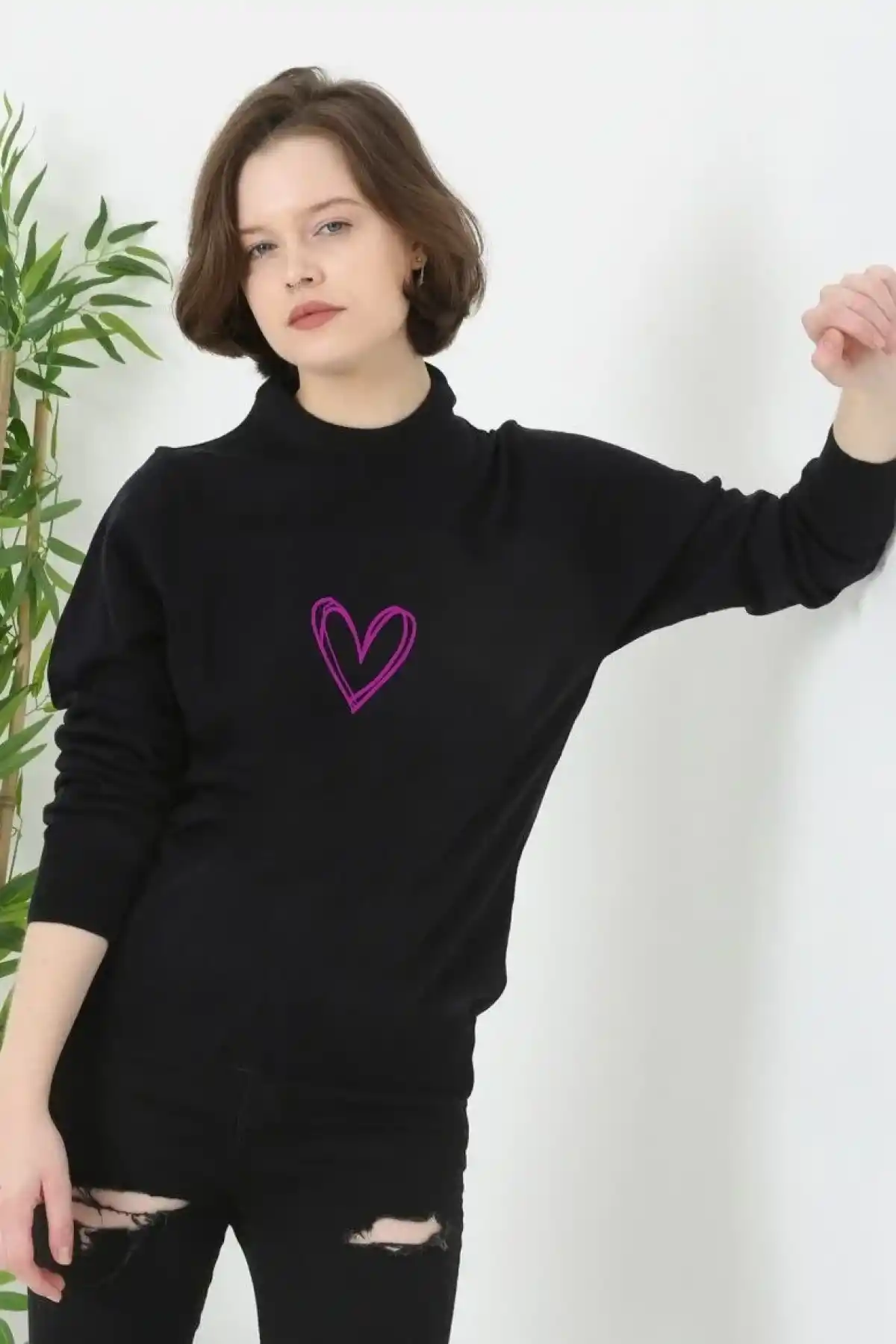 Kadın Bisiklet Yaka Kazak Baskılı Dokuma Triko - Siyah