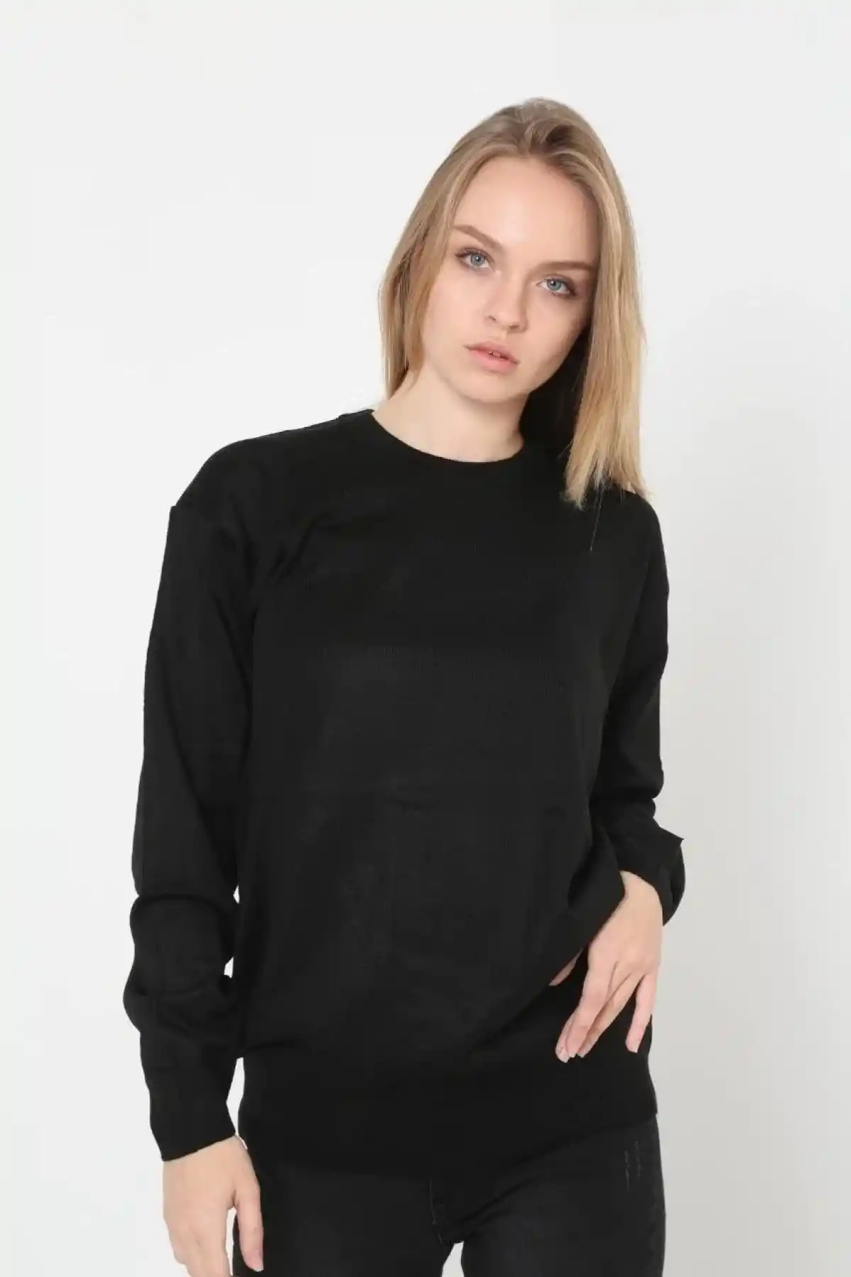 Kadın Bisiklet yaka Kazak Uzun Kol Dokuma Triko - Siyah