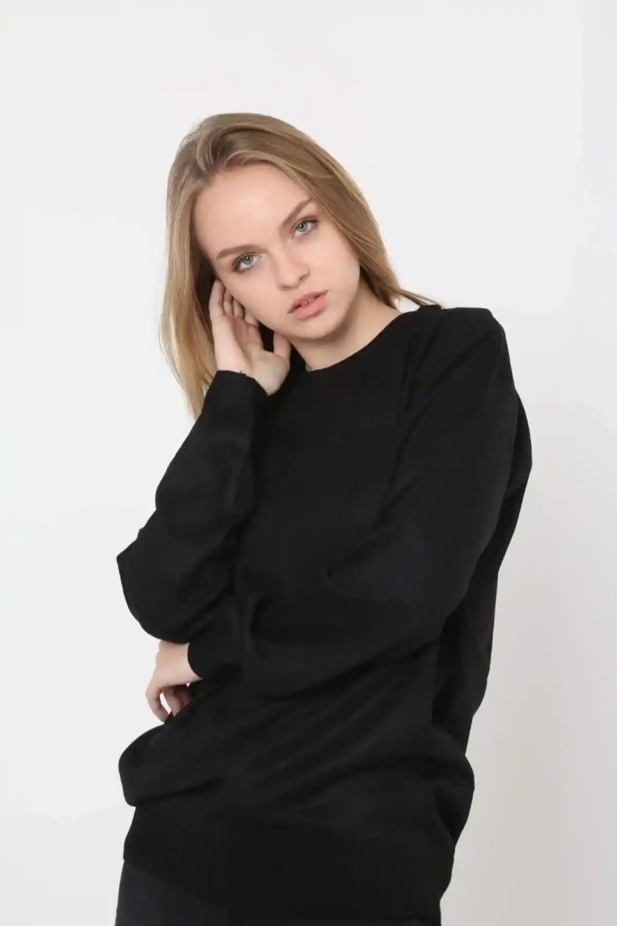 Kadın Bisiklet yaka Kazak Uzun Kol Dokuma Triko - Siyah