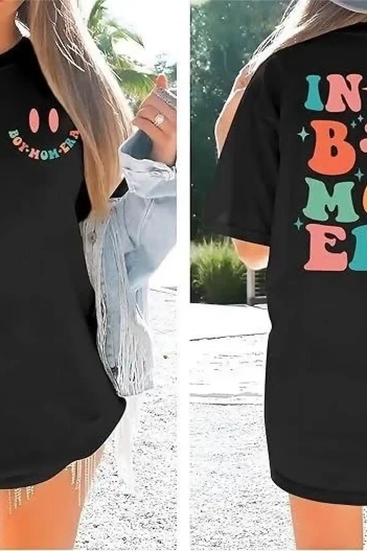 Kadın Bisiklet Yaka Kısa Kol Baskılı T-shirt - Siyah