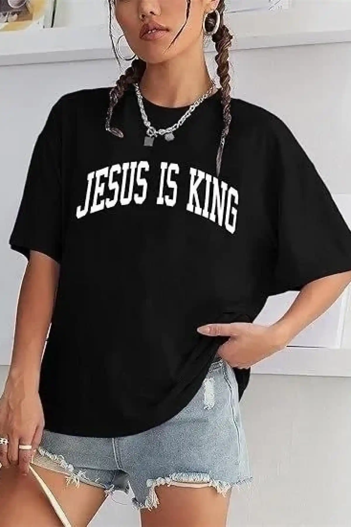 Kadın Bisiklet Yaka Kısa Kol Baskılı T-shirt - Siyah