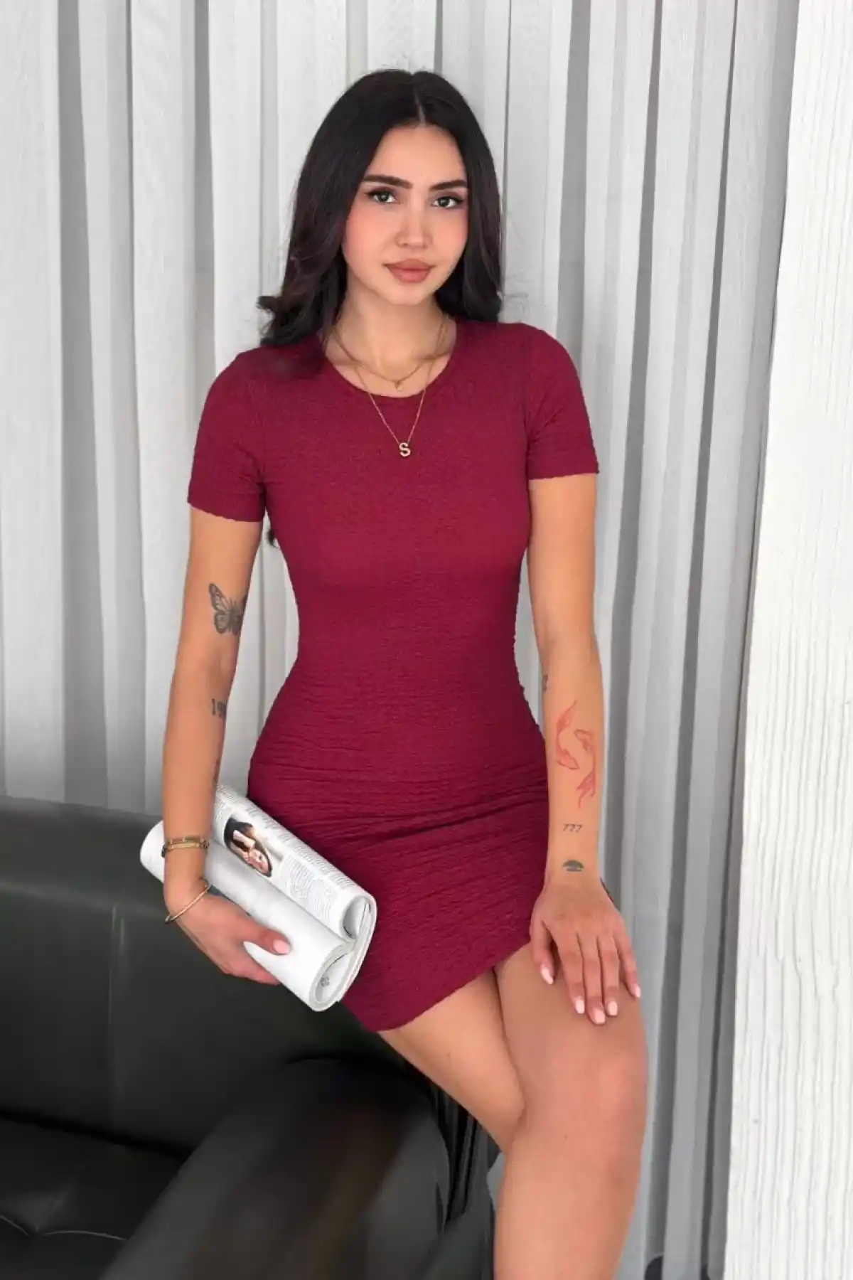 Kadın Bisiklet Yaka Kısa Kol Likralı Elbise - Bordo