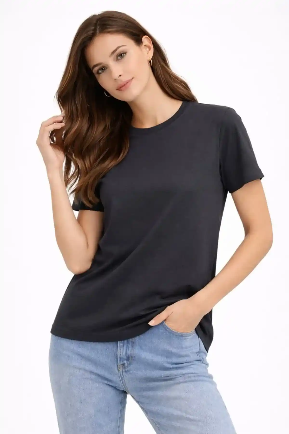 Kadın Bisiklet Yaka Tişört Regular Kalıp Basic Pamuklu Günlük Kullanım T-shirt - Füme