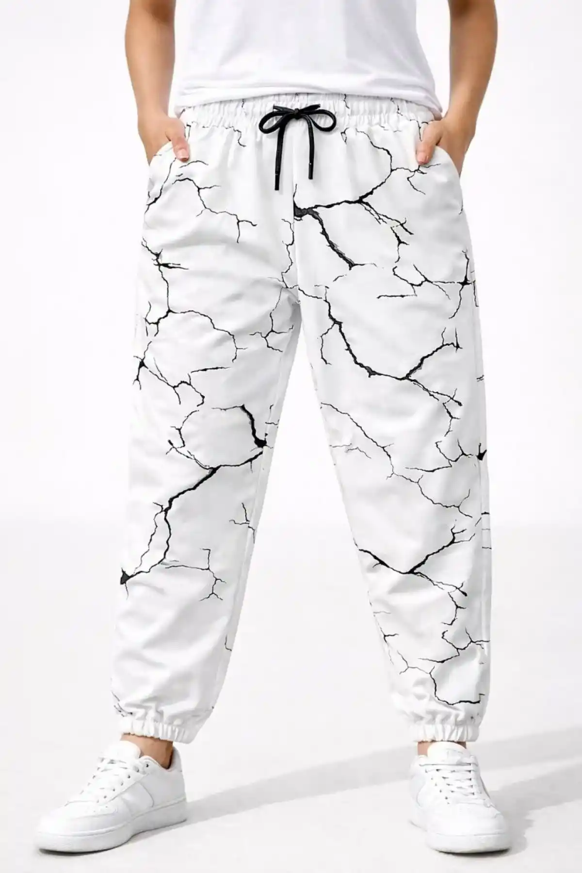 Kadın Dijital Baskılı Eşofman Altı Üç İplik Şardonlu Lastikli Paça Cepli Kalıp - Beyaz